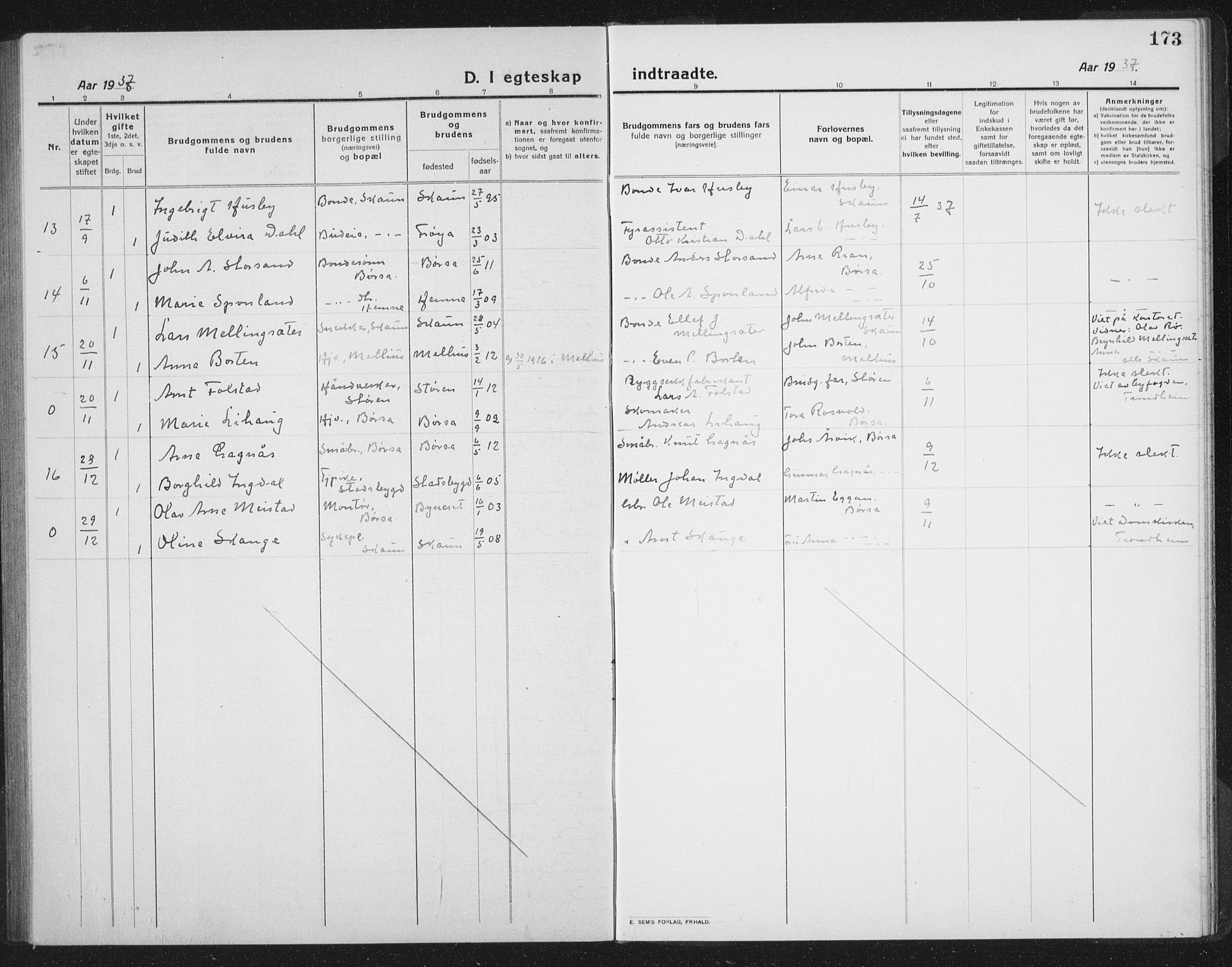 Ministerialprotokoller, klokkerbøker og fødselsregistre - Sør-Trøndelag, SAT/A-1456/665/L0778: Parish register (copy) no. 665C03, 1916-1938, p. 173