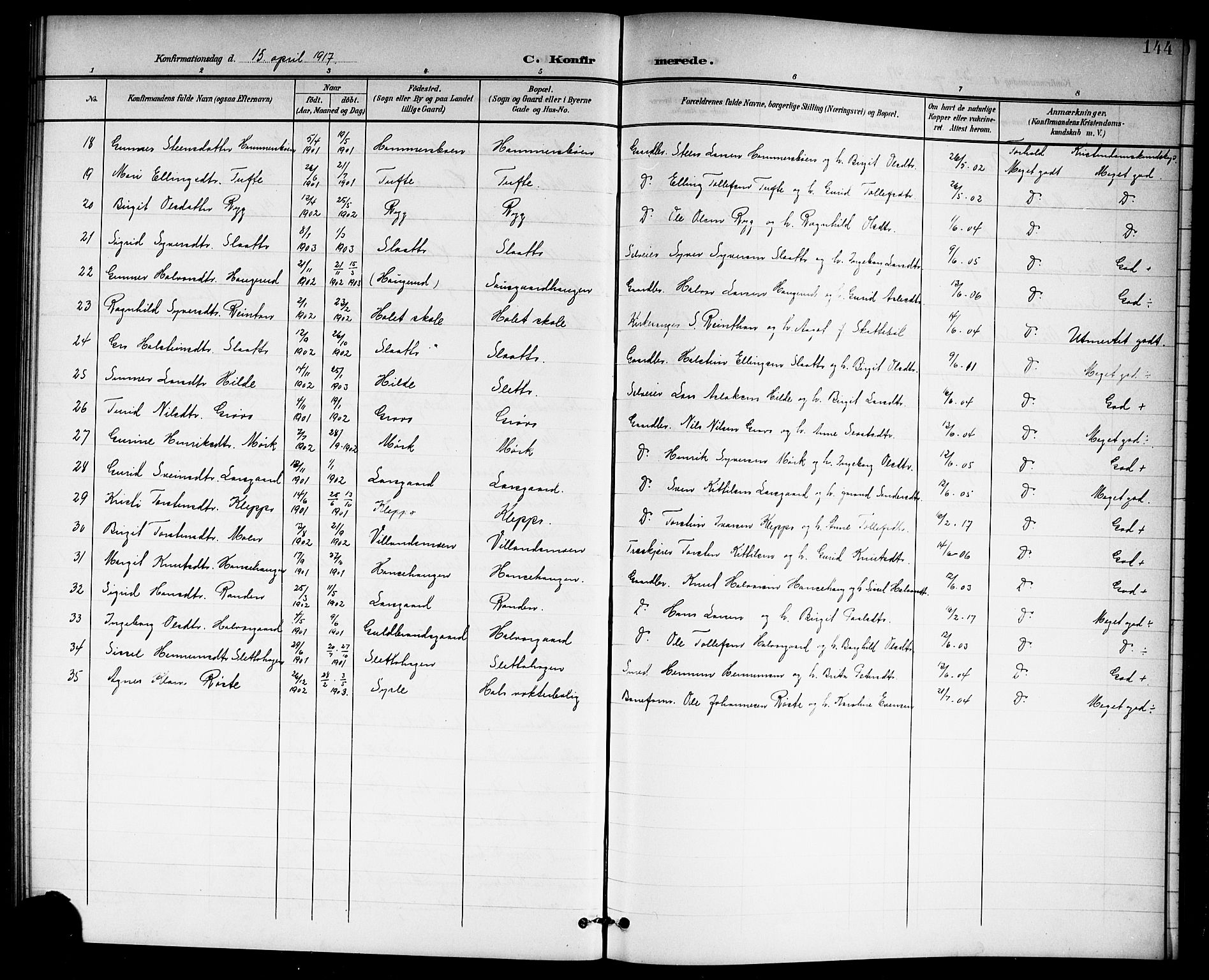 Hol kirkebøker, SAKO/A-227/G/Ga/L0001: Parish register (copy) no. I 1, 1900-1919, p. 144