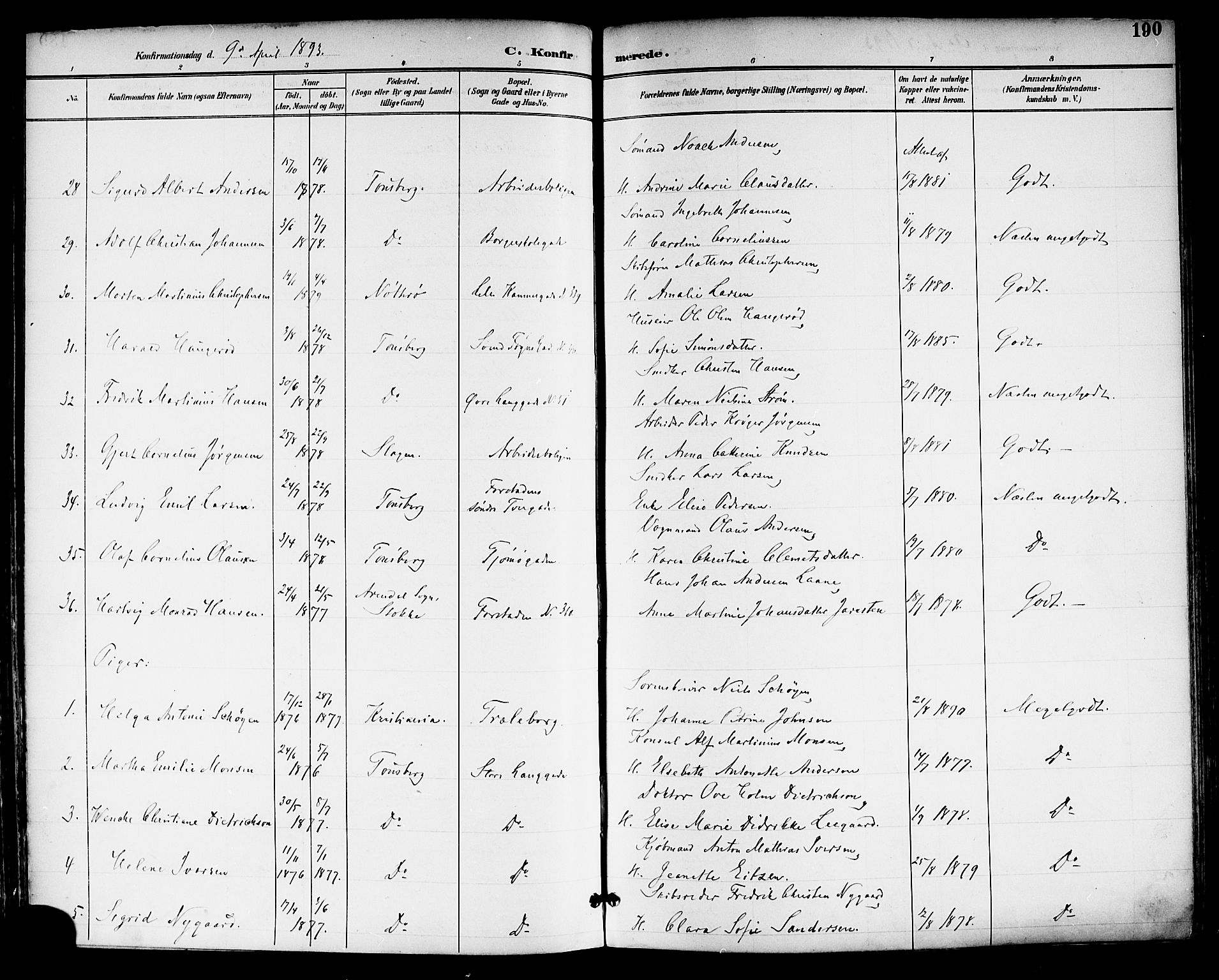 Tønsberg kirkebøker, AV/SAKO-A-330/F/Fa/L0012: Parish register (official) no. I 12, 1891-1899, p. 190