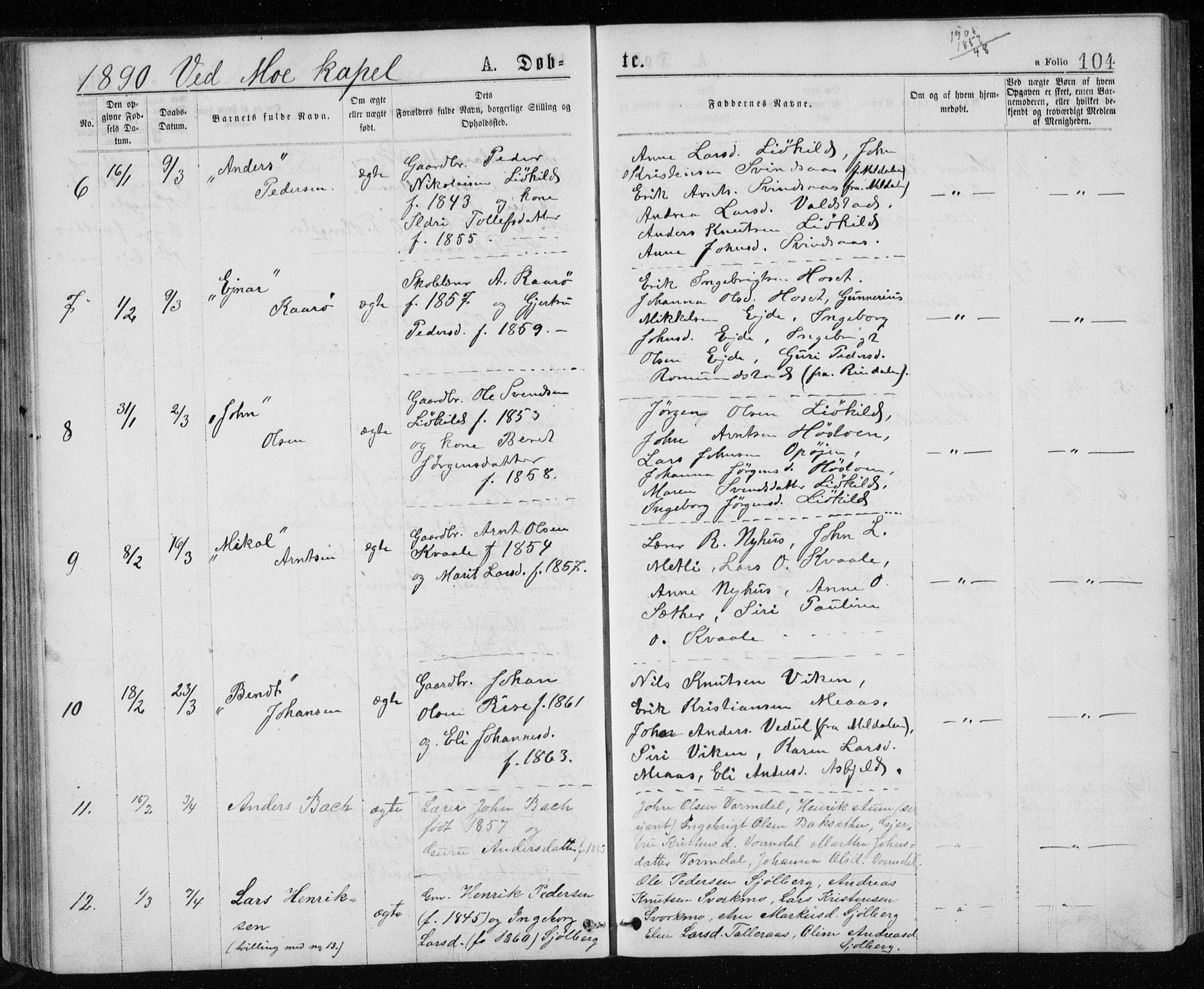 Ministerialprotokoller, klokkerbøker og fødselsregistre - Sør-Trøndelag, SAT/A-1456/671/L0843: Parish register (copy) no. 671C02, 1873-1892, p. 104