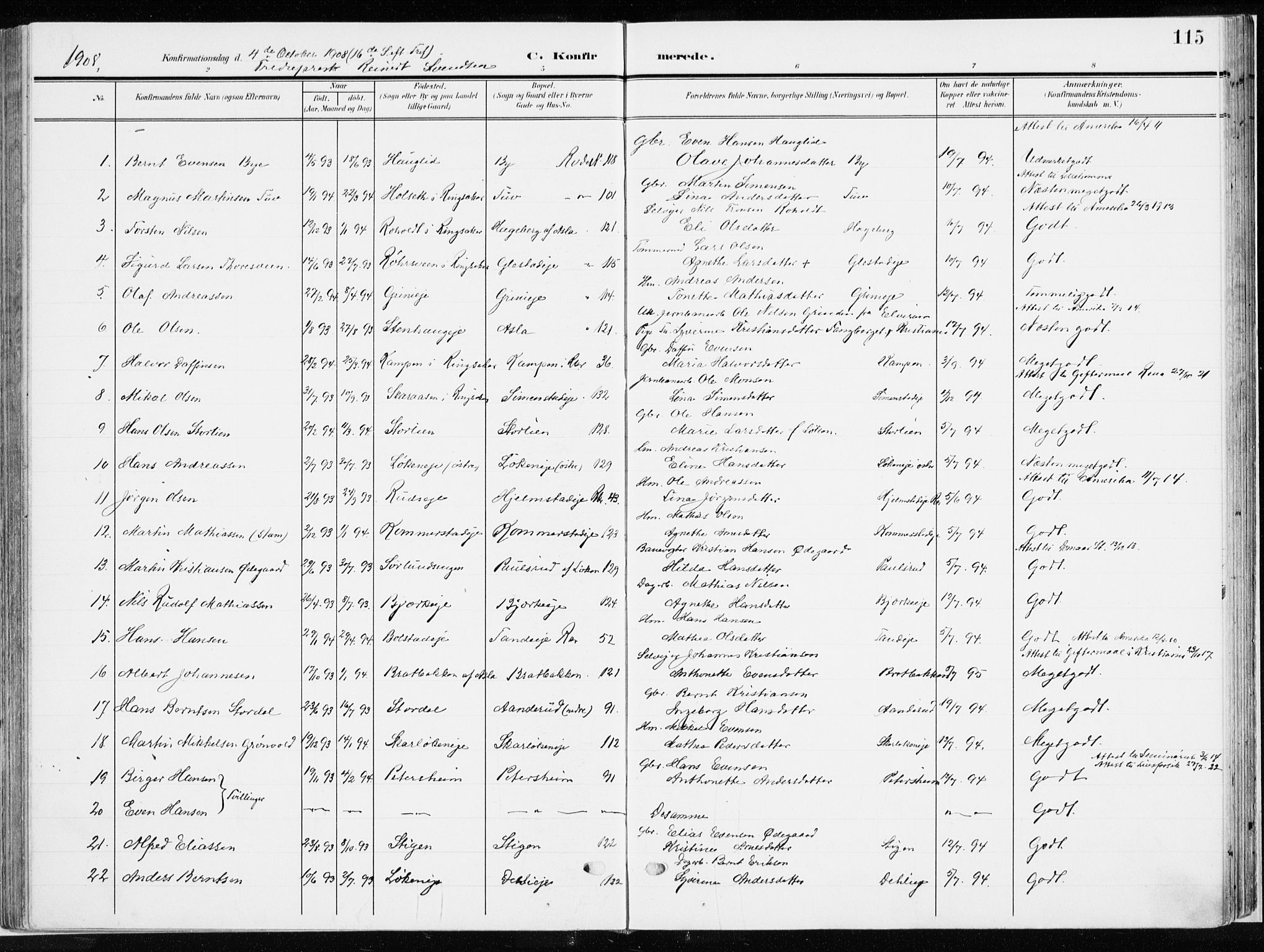 Ringsaker prestekontor, AV/SAH-PREST-014/K/Ka/L0019: Parish register (official) no. 19, 1905-1920, p. 115