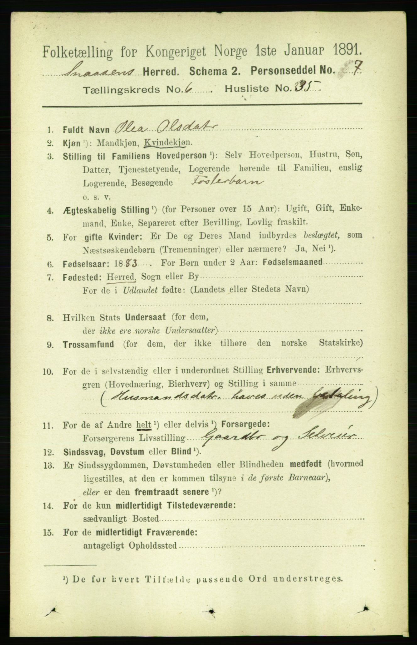 RA, 1891 census for 1736 Snåsa, 1891, p. 2098