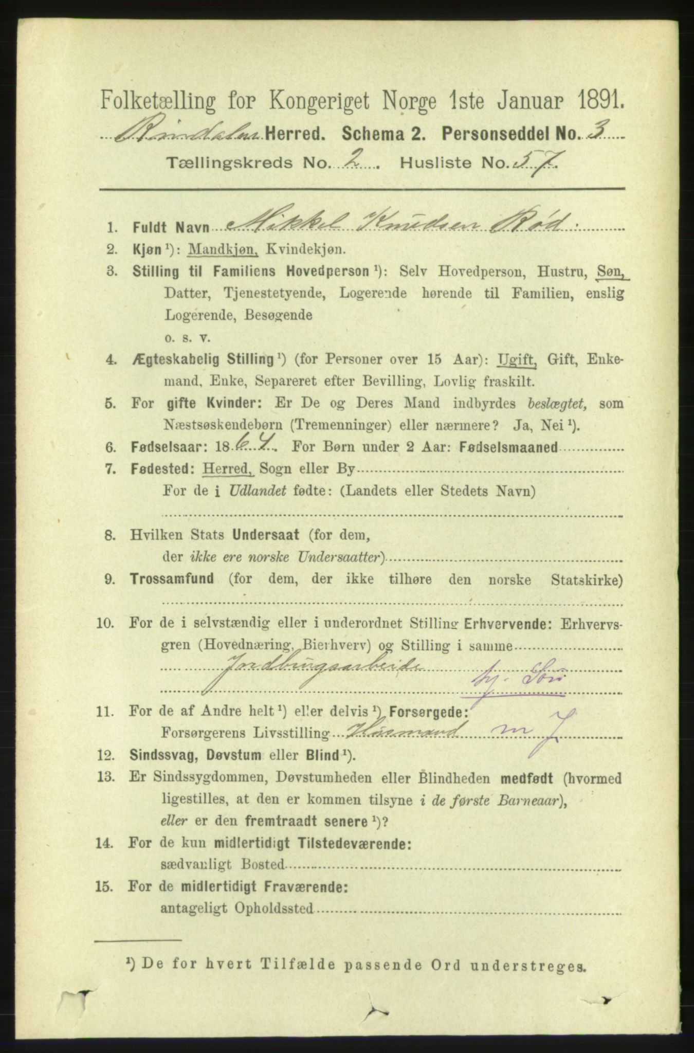 RA, 1891 census for 1567 Rindal, 1891, p. 638