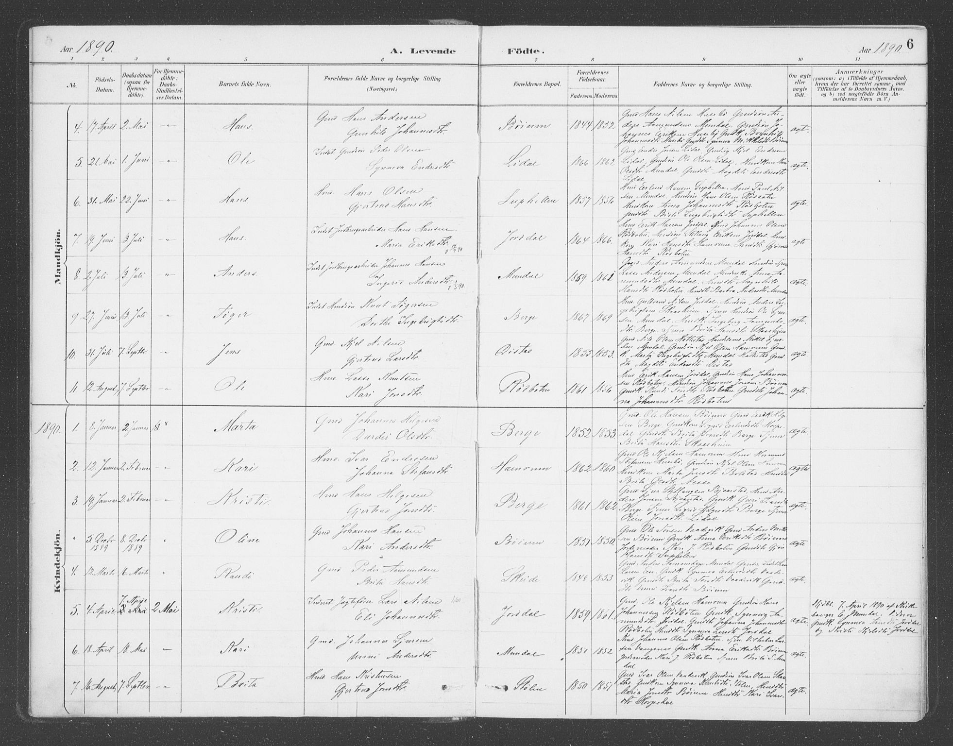 Balestrand sokneprestembete, AV/SAB-A-79601/H/Haa/Haac/L0001: Parish register (official) no. C  1, 1889-1909, p. 6