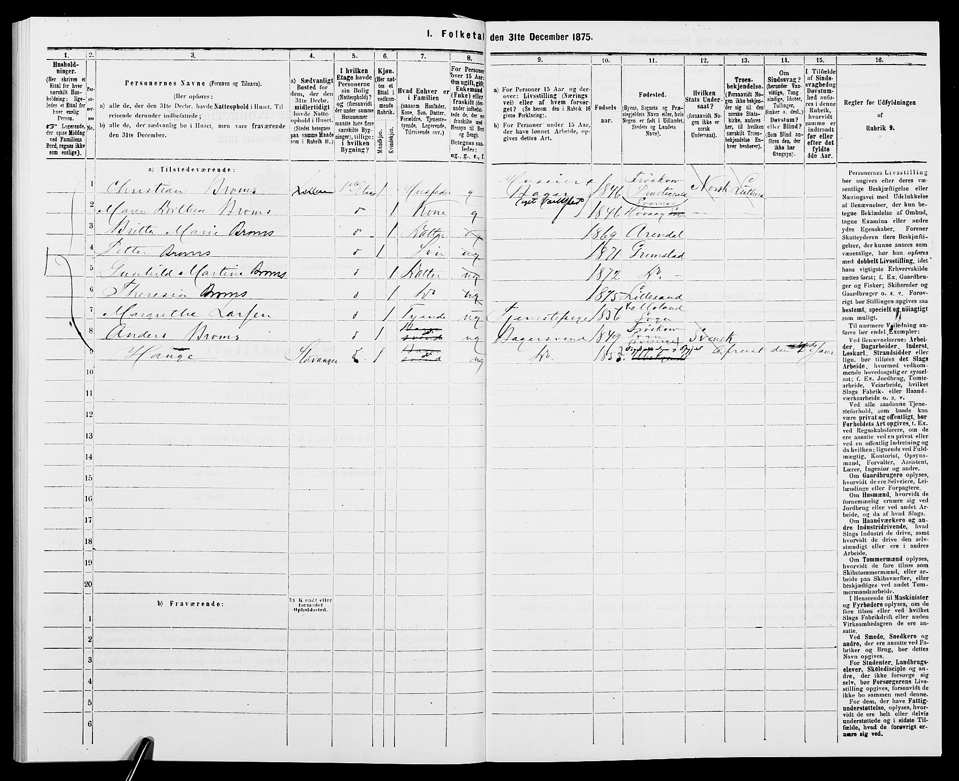 SAK, 1875 census for 0905B Vestre Moland/Lillesand, 1875, p. 97