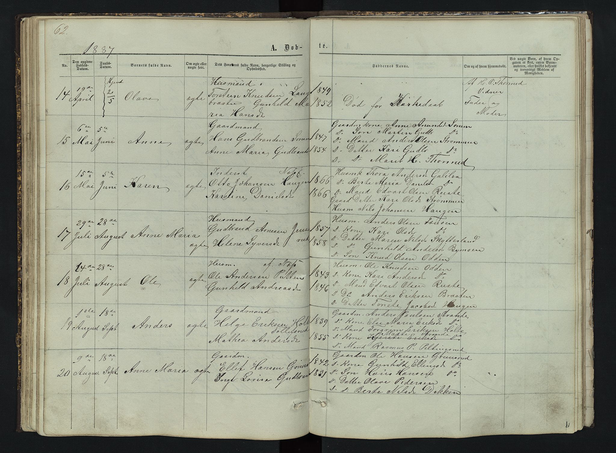 Sør-Aurdal prestekontor, SAH/PREST-128/H/Ha/Hab/L0003: Parish register (copy) no. 3, 1862-1893, p. 62