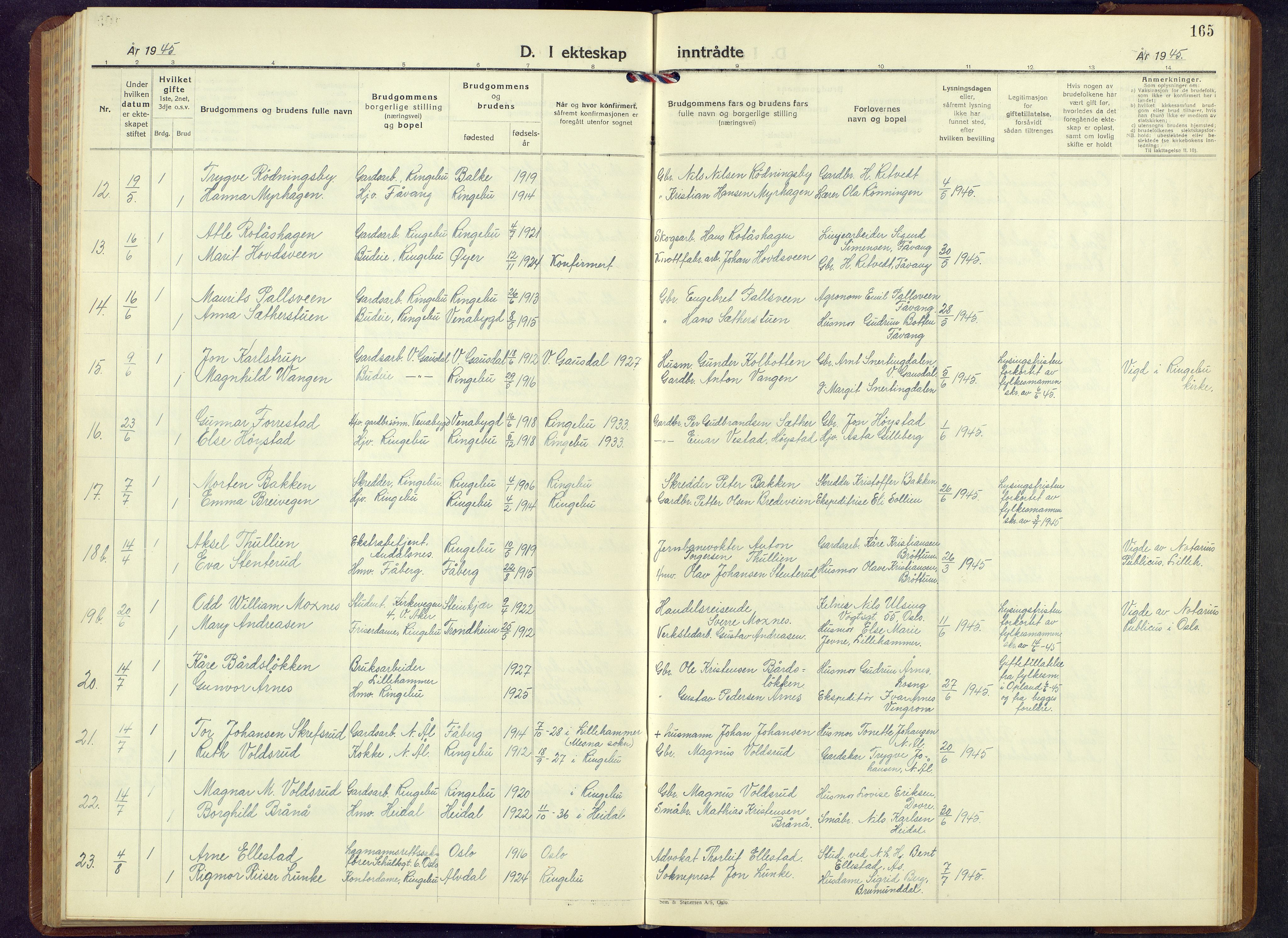 Ringebu prestekontor, AV/SAH-PREST-082/H/Ha/Hab/L0013: Parish register (copy) no. 13, 1943-1956, p. 165