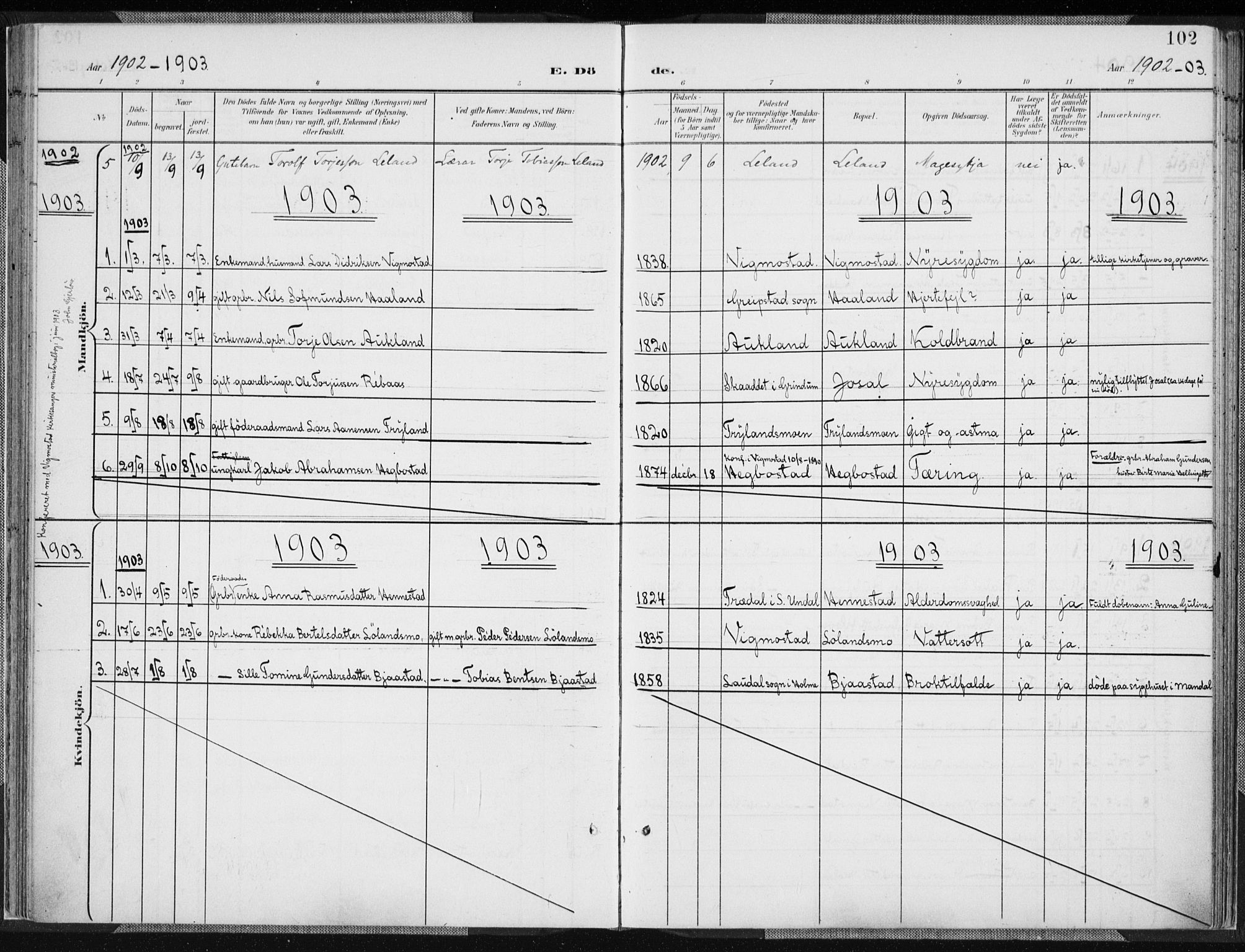 Nord-Audnedal sokneprestkontor, SAK/1111-0032/F/Fa/Fab/L0004: Parish register (official) no. A 4, 1901-1917, p. 102