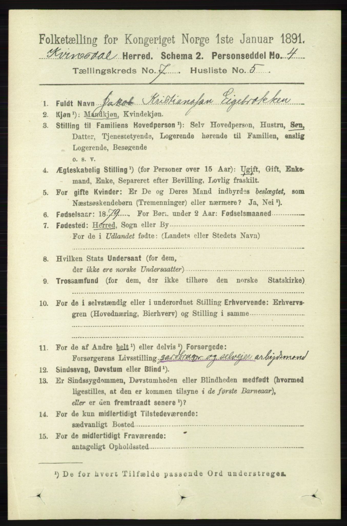 RA, 1891 census for 1037 Kvinesdal, 1891, p. 2449