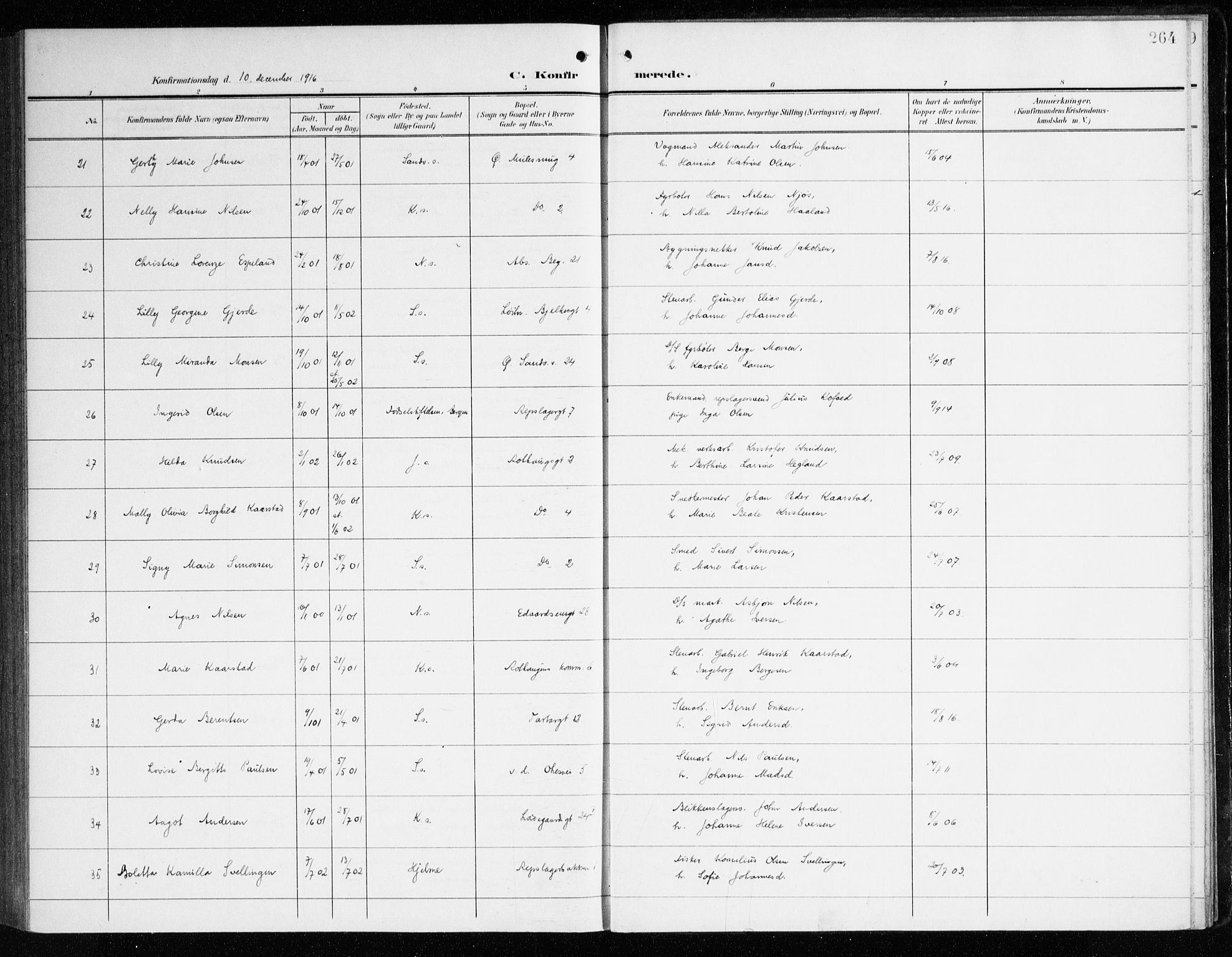 Sandviken Sokneprestembete, SAB/A-77601/H/Ha/L0011: Parish register (official) no. C 2, 1905-1918, p. 264