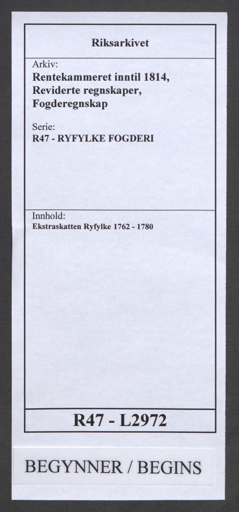 Rentekammeret inntil 1814, Reviderte regnskaper, Fogderegnskap, RA/EA-4092/R47/L2972: Ekstraskatten Ryfylke, 1762-1780, p. 1