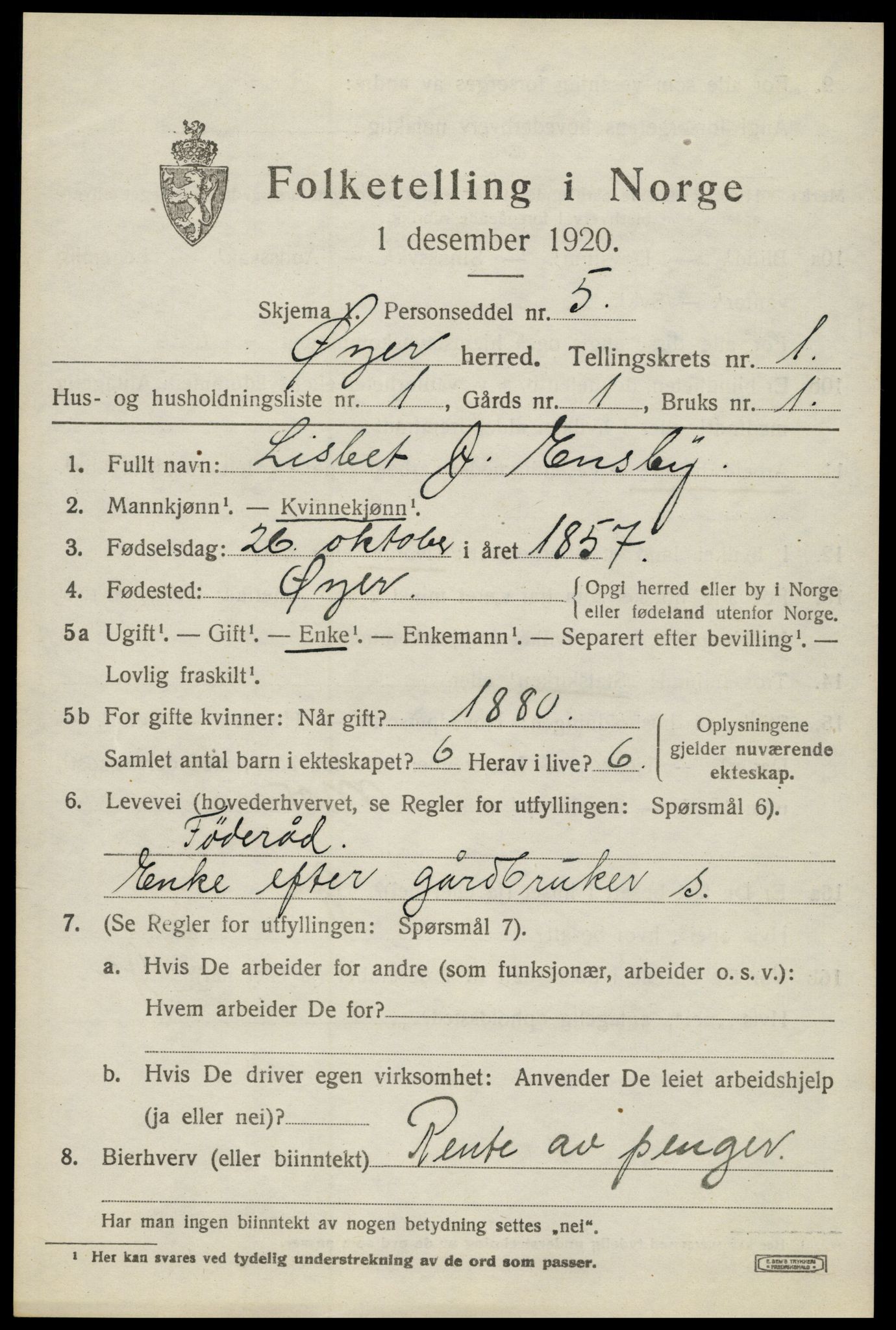 SAH, 1920 census for Øyer, 1920, p. 1211