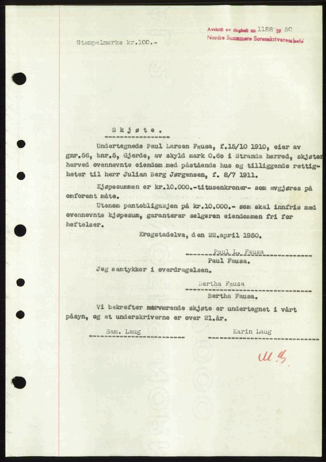 Nordre Sunnmøre sorenskriveri, AV/SAT-A-0006/1/2/2C/2Ca: Mortgage book no. A34, 1950-1950, Diary no: : 1188/1950