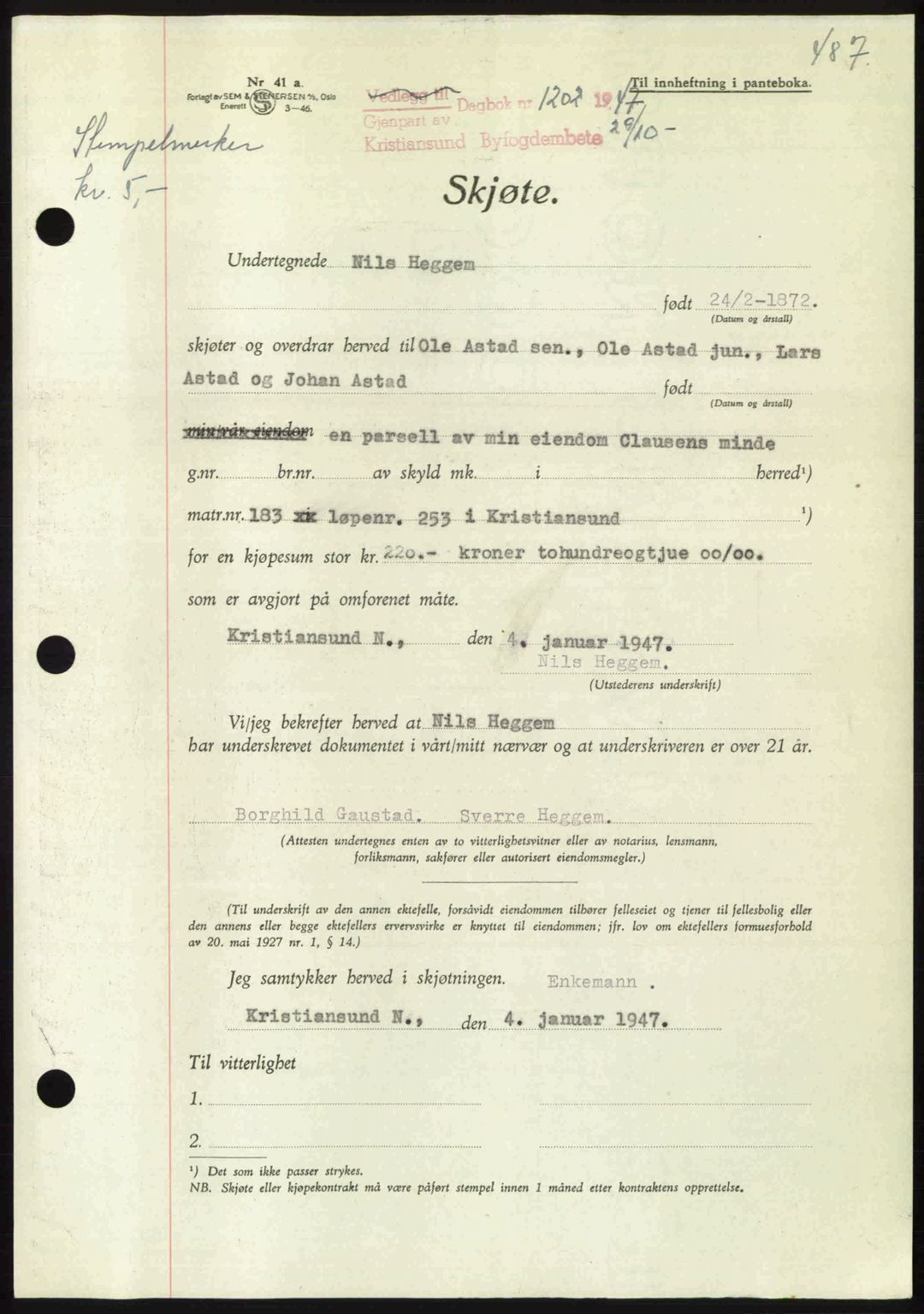 Kristiansund byfogd, AV/SAT-A-4587/A/27: Mortgage book no. 39b, 1946-1947, Diary no: : 1202/1947