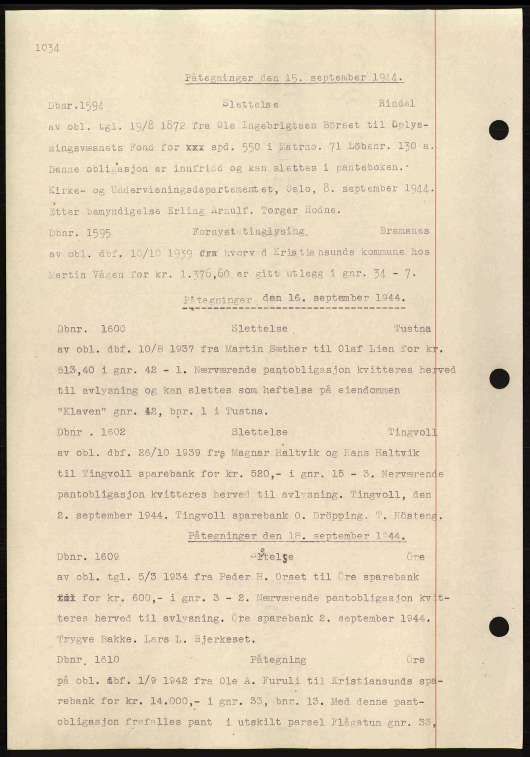 Nordmøre sorenskriveri, AV/SAT-A-4132/1/2/2Ca: Mortgage book no. C81, 1940-1945, Diary no: : 1594/1944