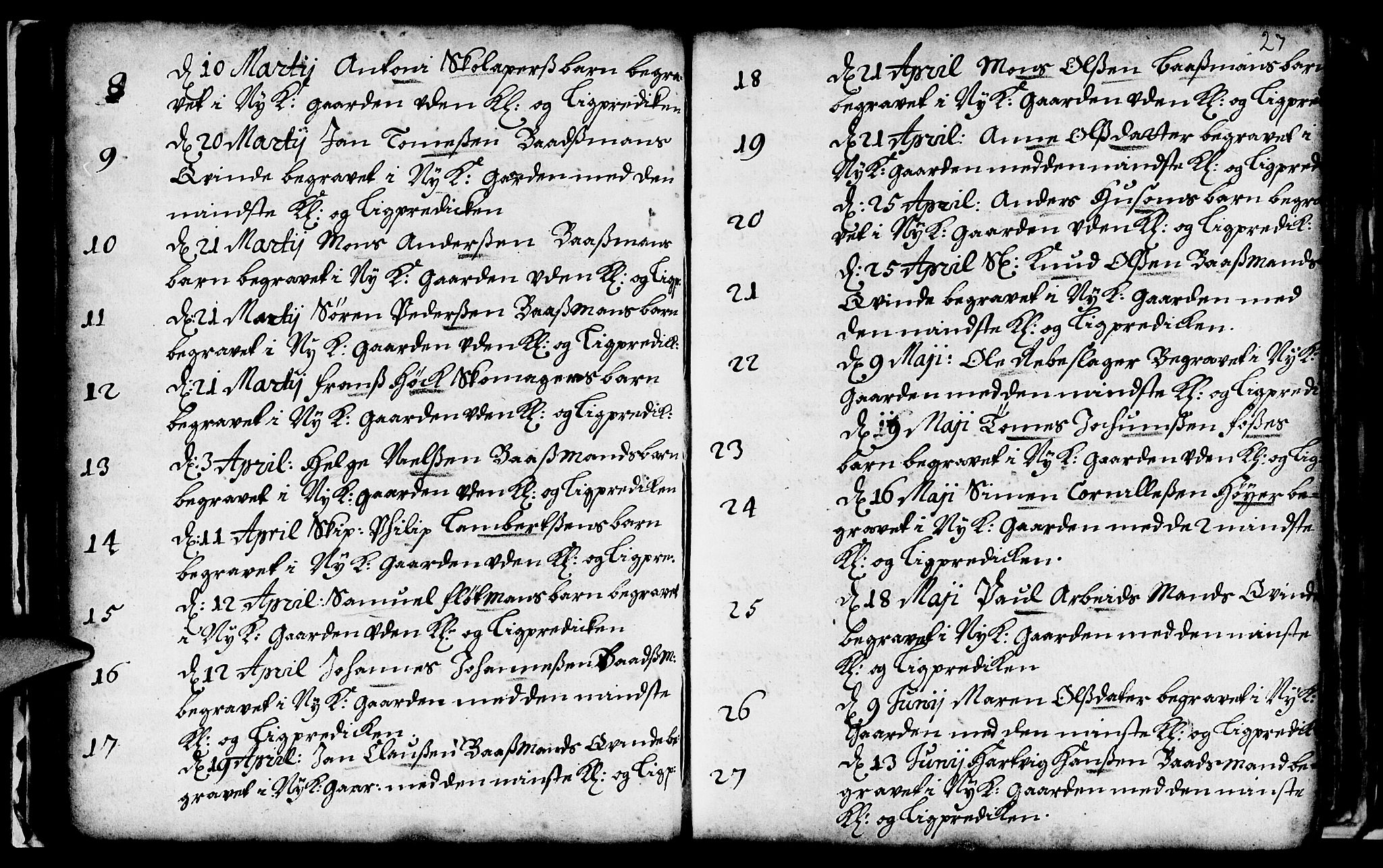 Nykirken Sokneprestembete, SAB/A-77101/H/Haa/L0009: Parish register (official) no. A 9, 1689-1759, p. 27