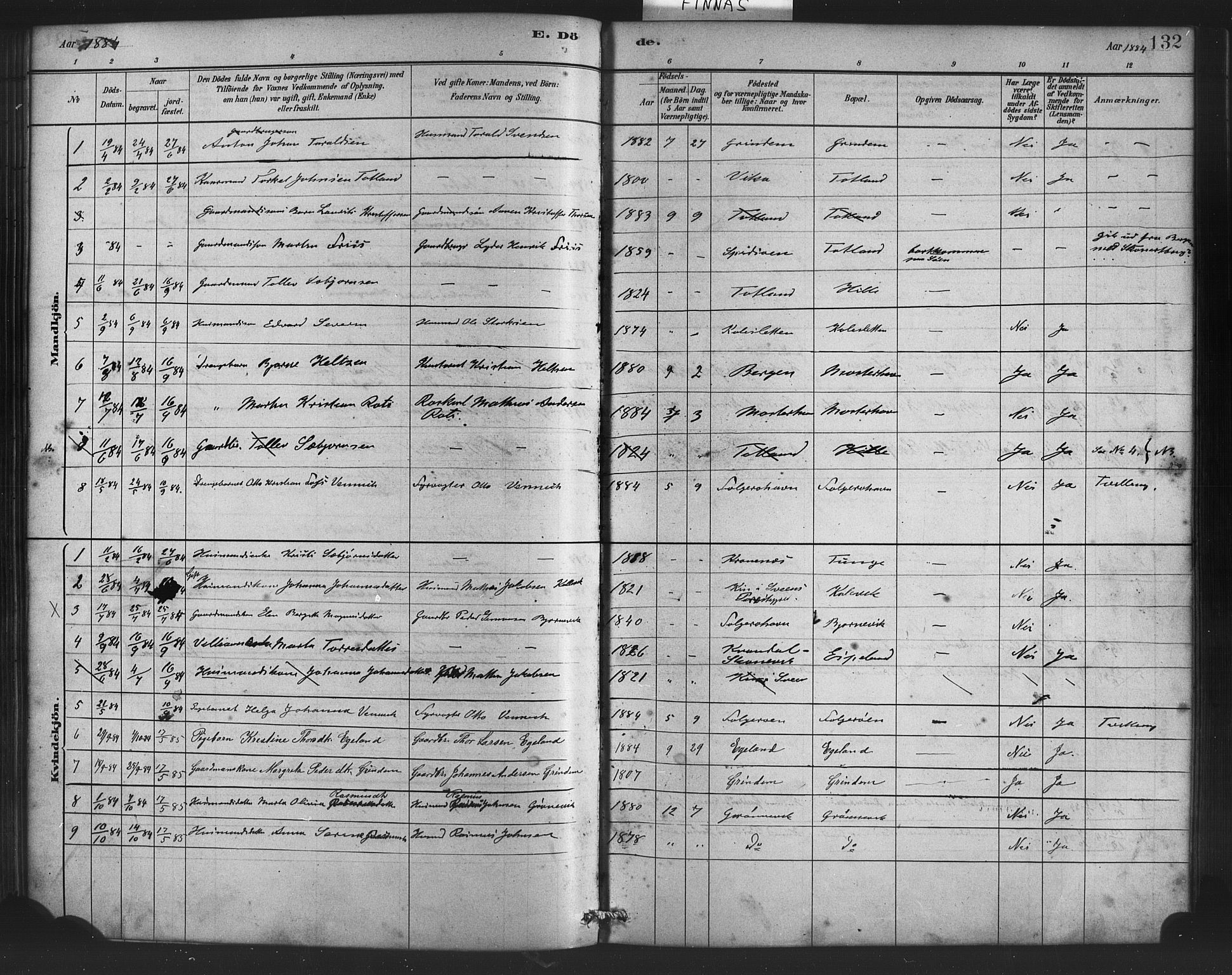 Finnås sokneprestembete, AV/SAB-A-99925/H/Ha/Haa/Haab/L0001: Parish register (official) no. B 1, 1881-1894, p. 132