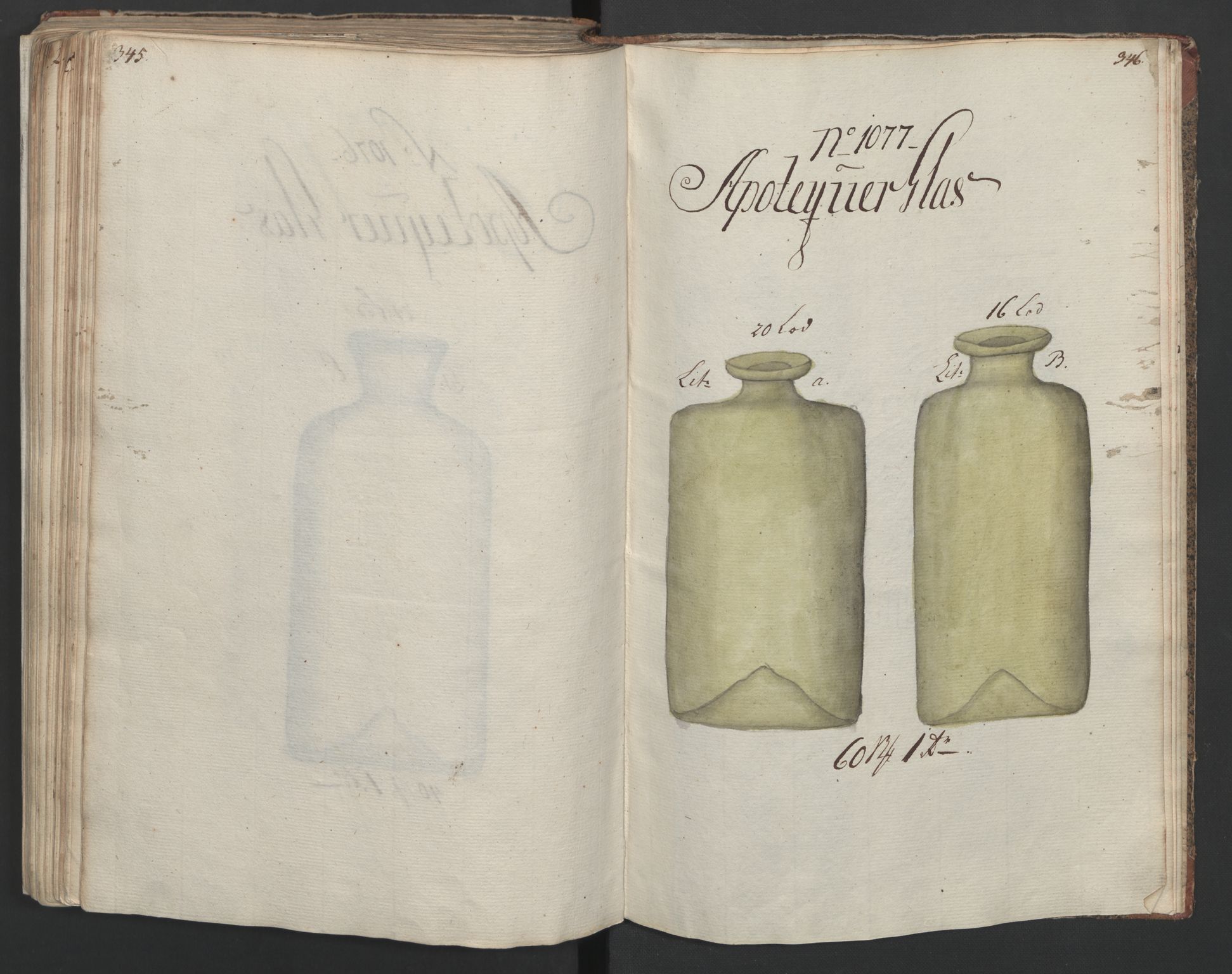 Glassverk, samlinger, AV/RA-PA-0001/F/Fa/L0036: Modellbok for Nøstetangens og Aas' produkter med prisangivelse,, 1763, p. 345-346