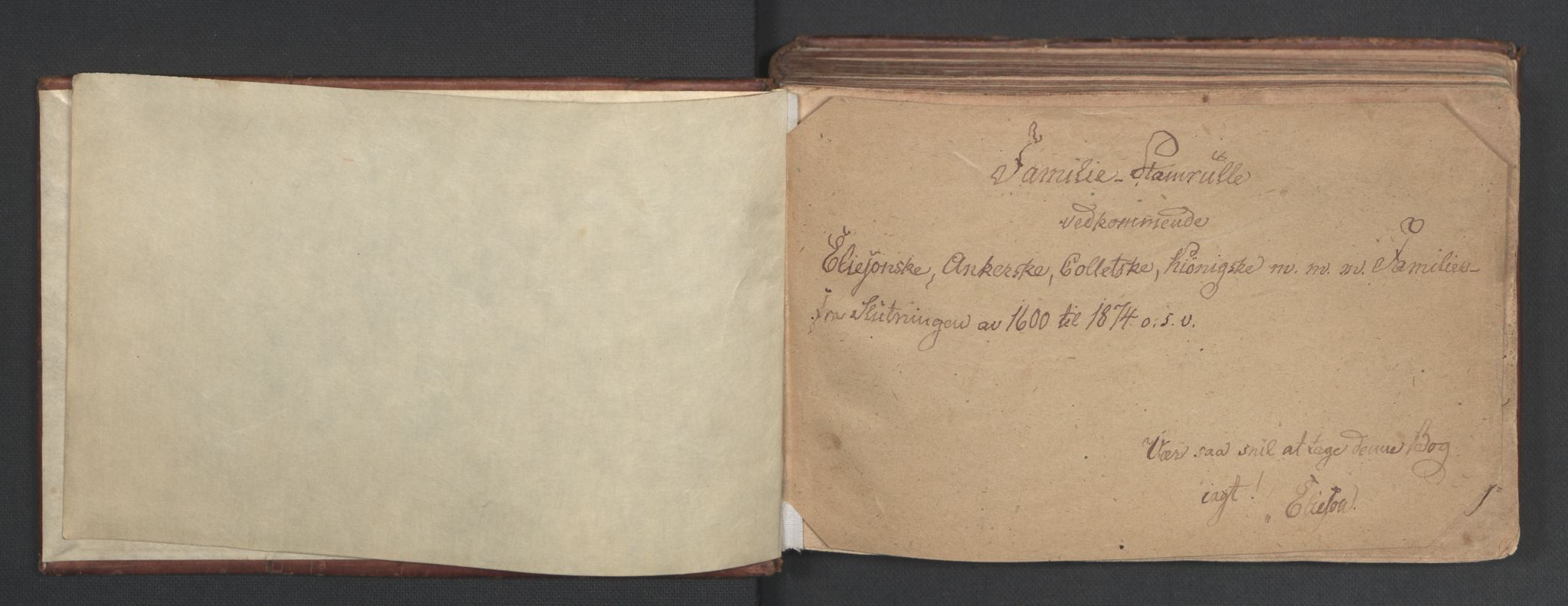 Manuskriptsamlingen, RA/EA-3667/H/L0047: Familiestamrulle vedkommende Eliesonske, Ankerske, Colletske, Kiønigske m.m. familier - fra slutningen av 1600 til 1874 osv, 1600-1874