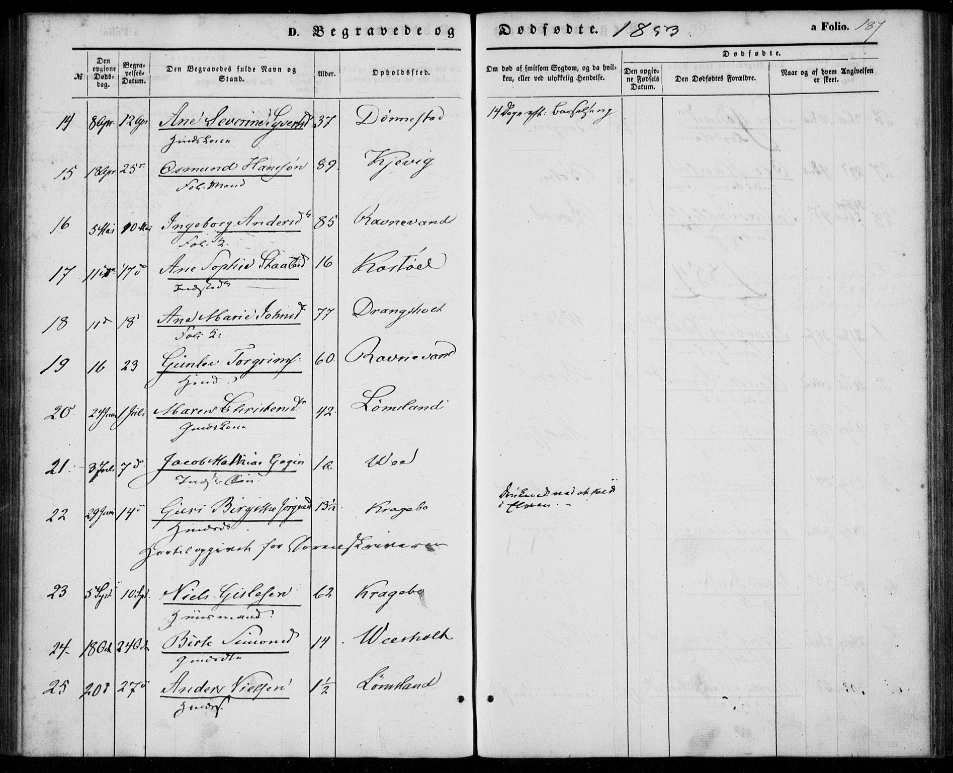 Tveit sokneprestkontor, AV/SAK-1111-0043/F/Fa/L0005: Parish register (official) no. A 5, 1853-1871, p. 187