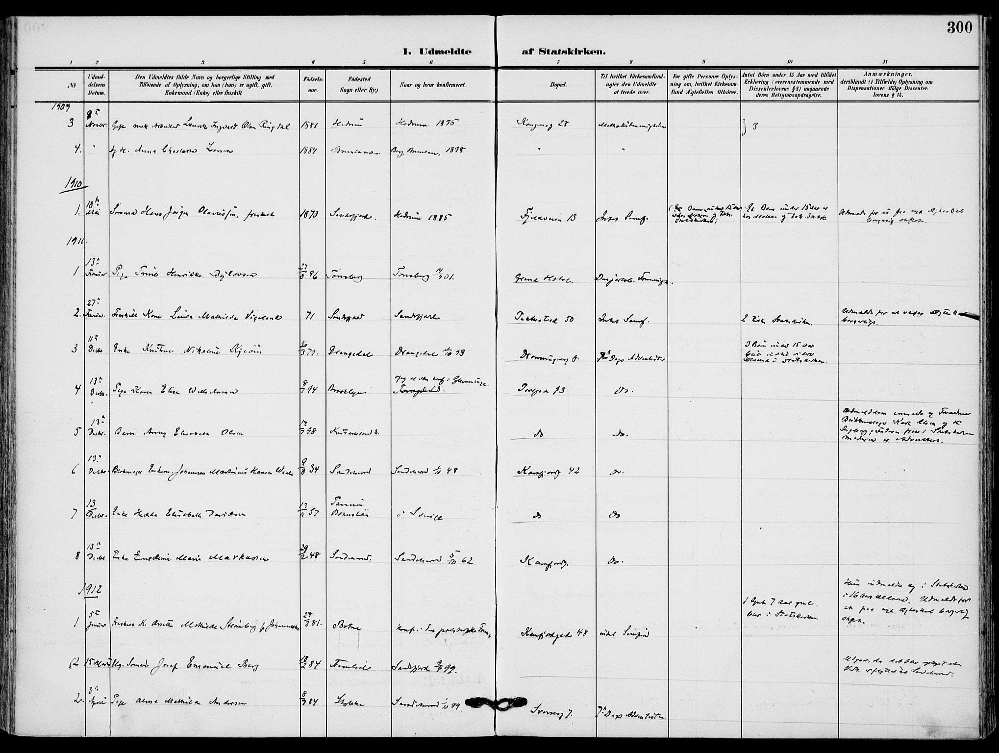 Sandefjord kirkebøker, SAKO/A-315/F/Fa/L0005: Parish register (official) no. 5, 1906-1915, p. 300