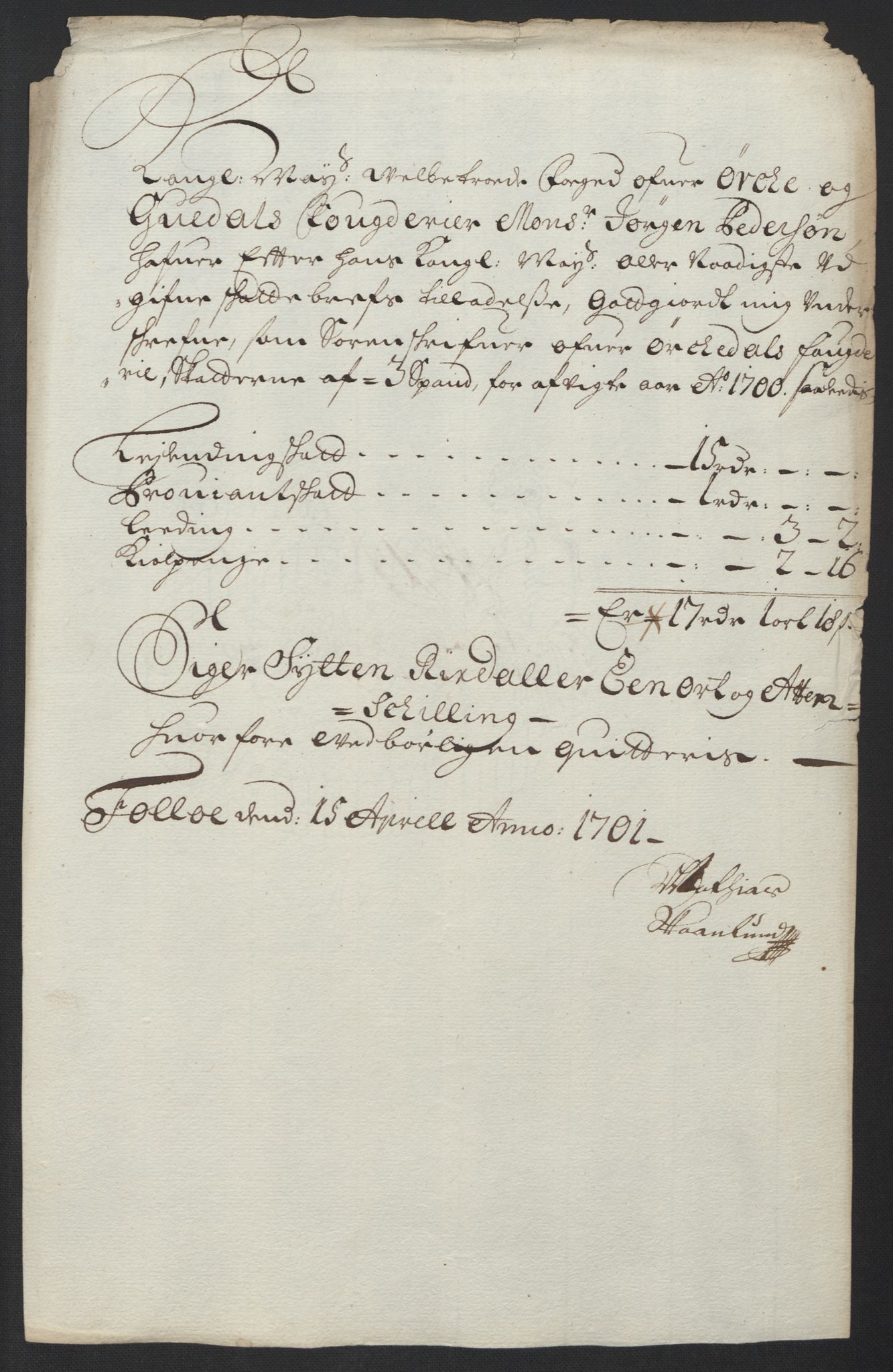 Rentekammeret inntil 1814, Reviderte regnskaper, Fogderegnskap, AV/RA-EA-4092/R60/L3950: Fogderegnskap Orkdal og Gauldal, 1700, p. 196