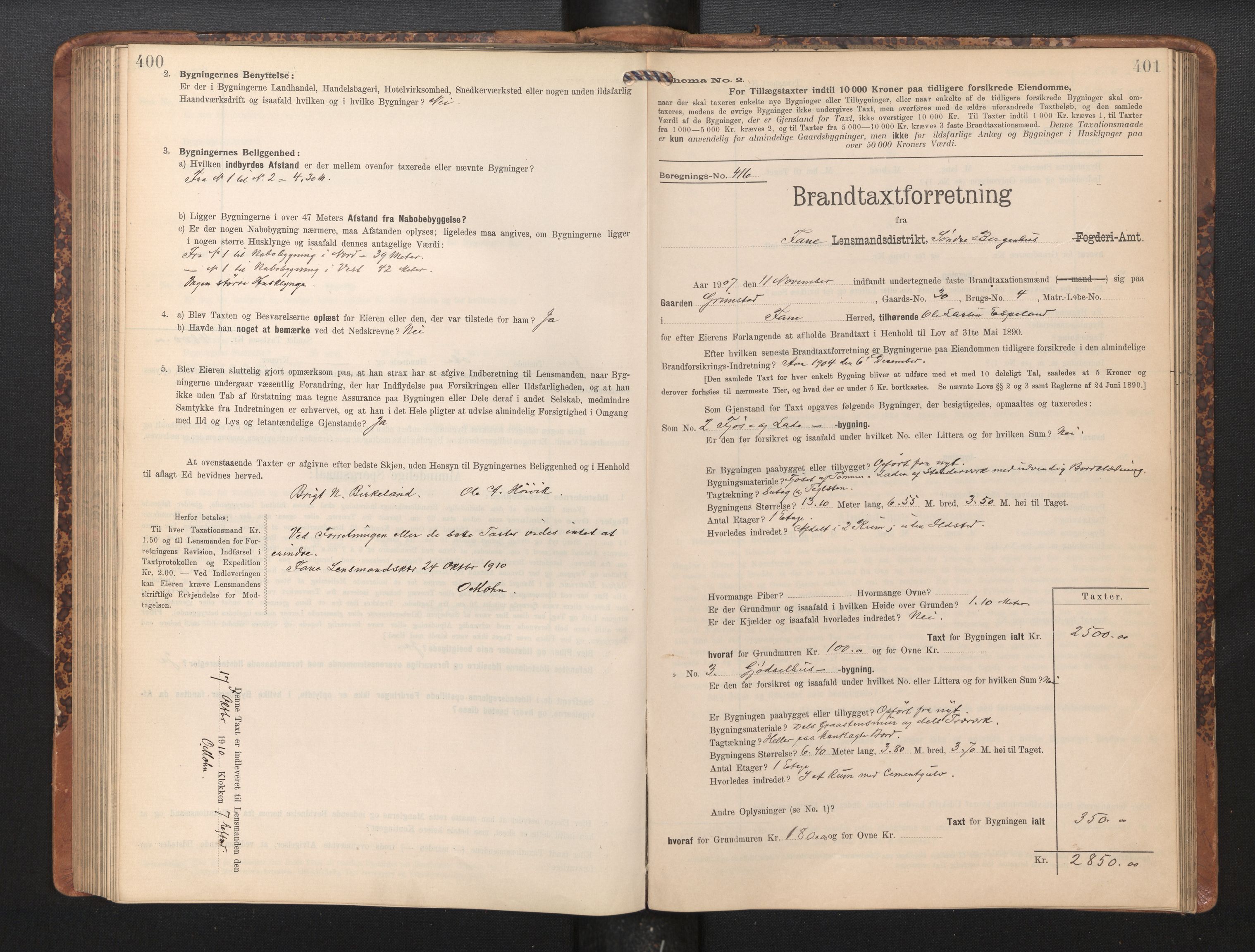 Lensmannen i Fana, SAB/A-31801/0012/L0018: Branntakstprotokoll skjematakst, 1907-1910, p. 400-401