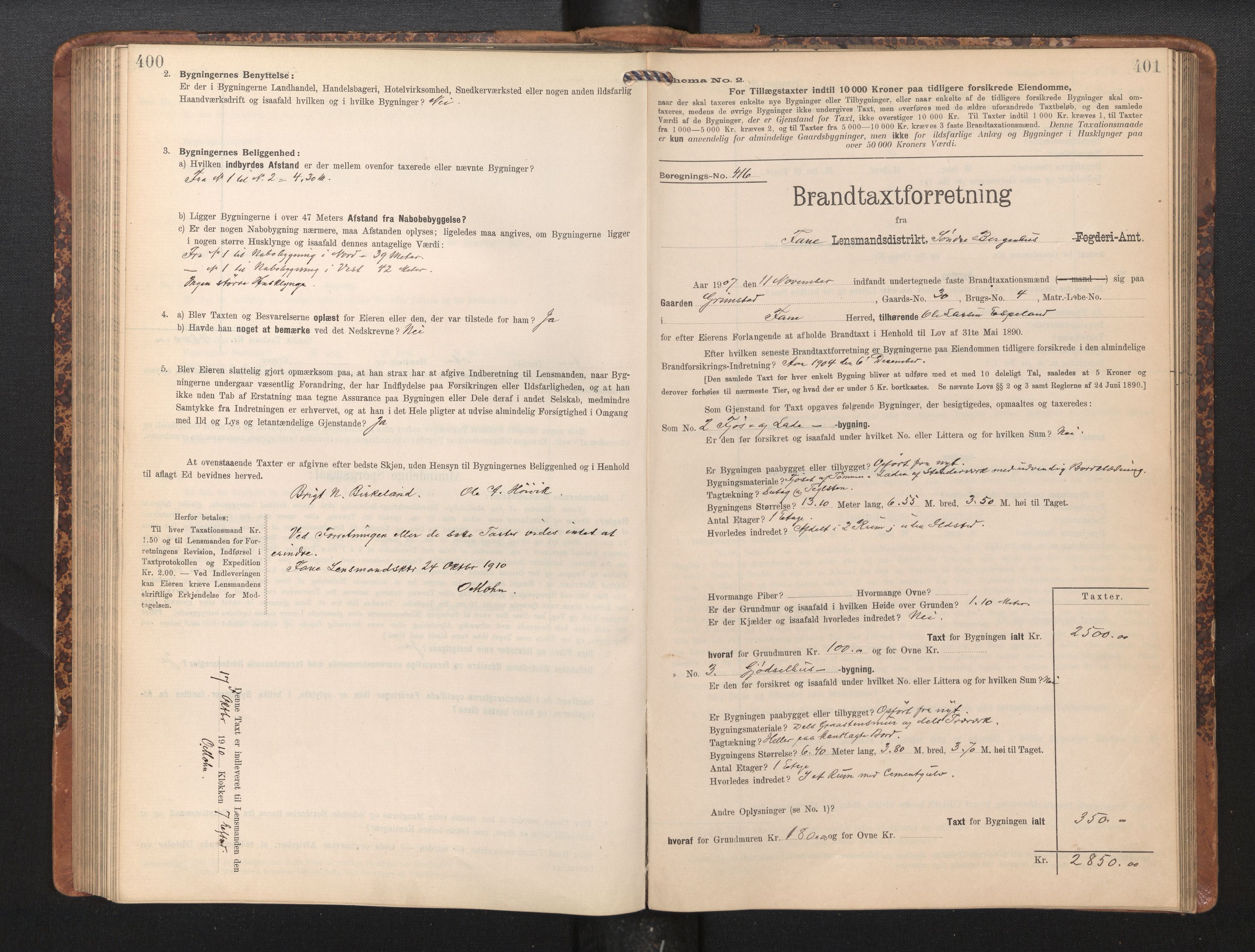 Lensmannen i Fana, AV/SAB-A-31801/0012/L0018: Branntakstprotokoll skjematakst, 1907-1910, p. 400-401