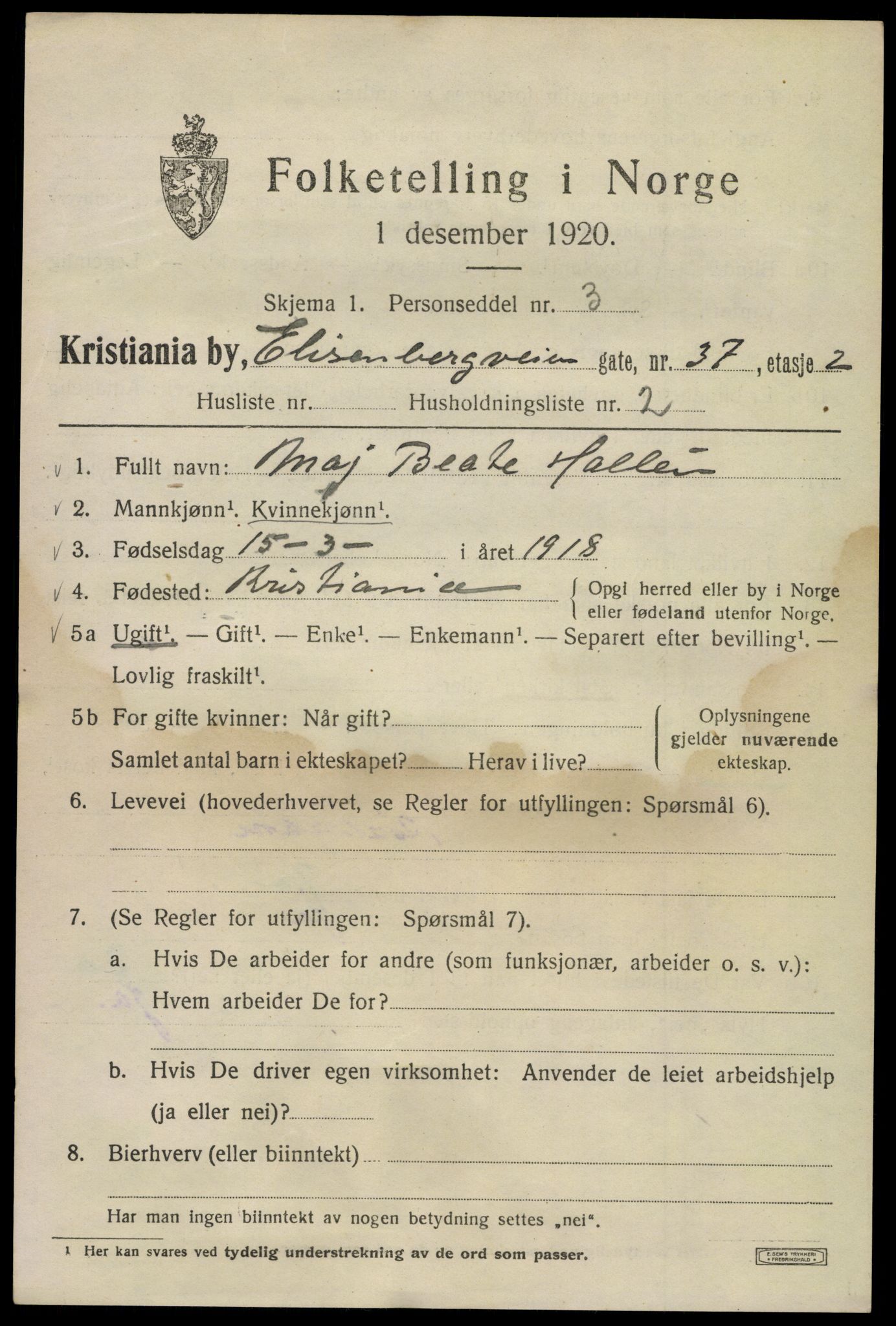 SAO, 1920 census for Kristiania, 1920, p. 215021