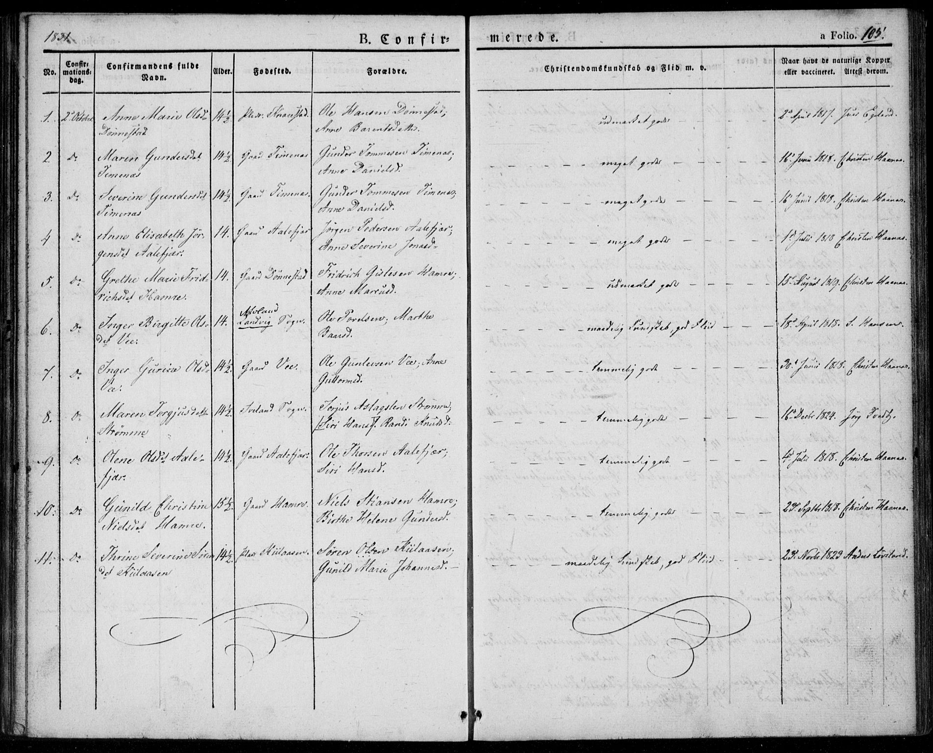 Tveit sokneprestkontor, AV/SAK-1111-0043/F/Fa/L0003: Parish register (official) no. A 3, 1829-1852, p. 105