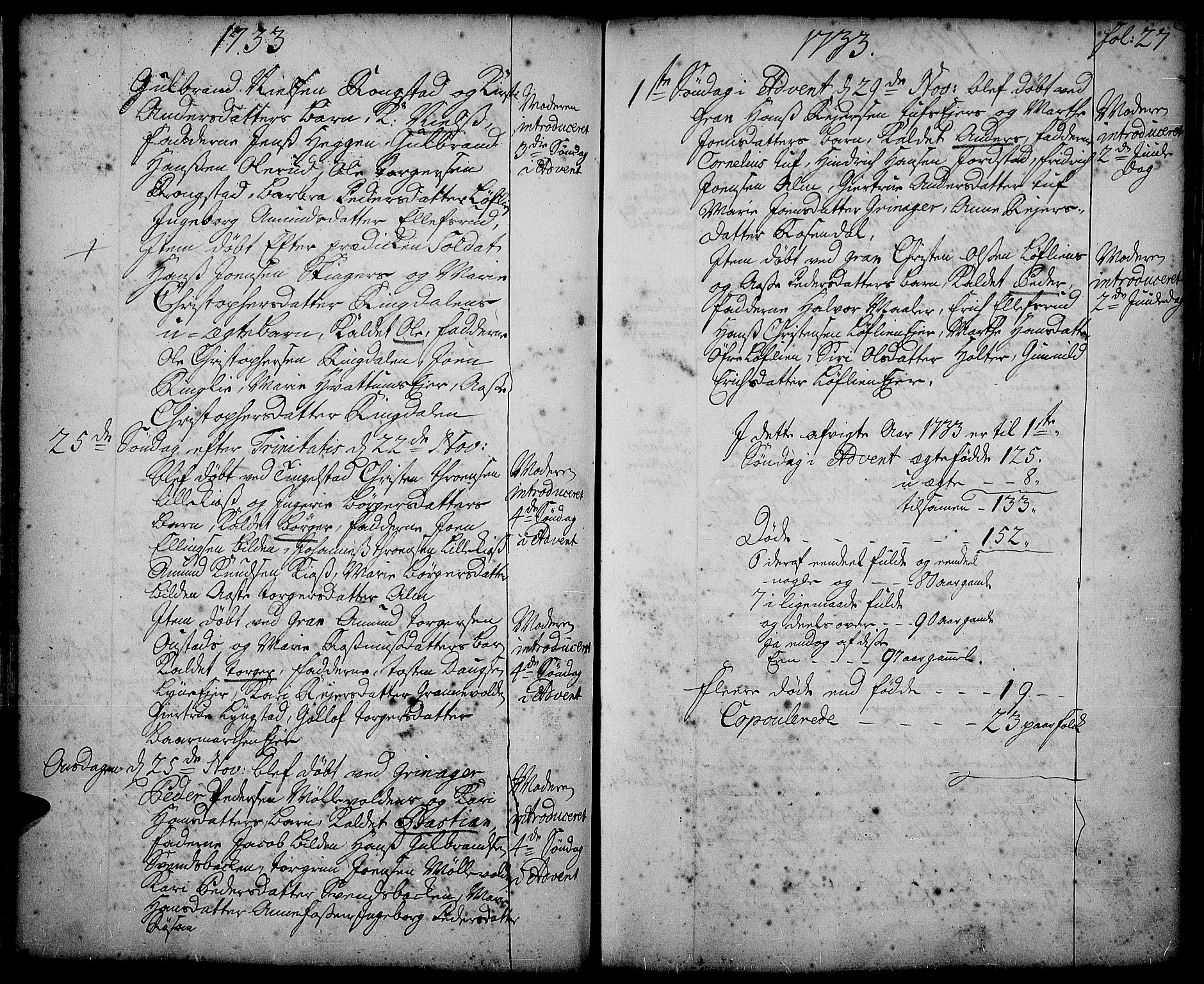 Gran prestekontor, SAH/PREST-112/H/Ha/Haa/L0002: Parish register (official) no. 2, 1732-1744, p. 27