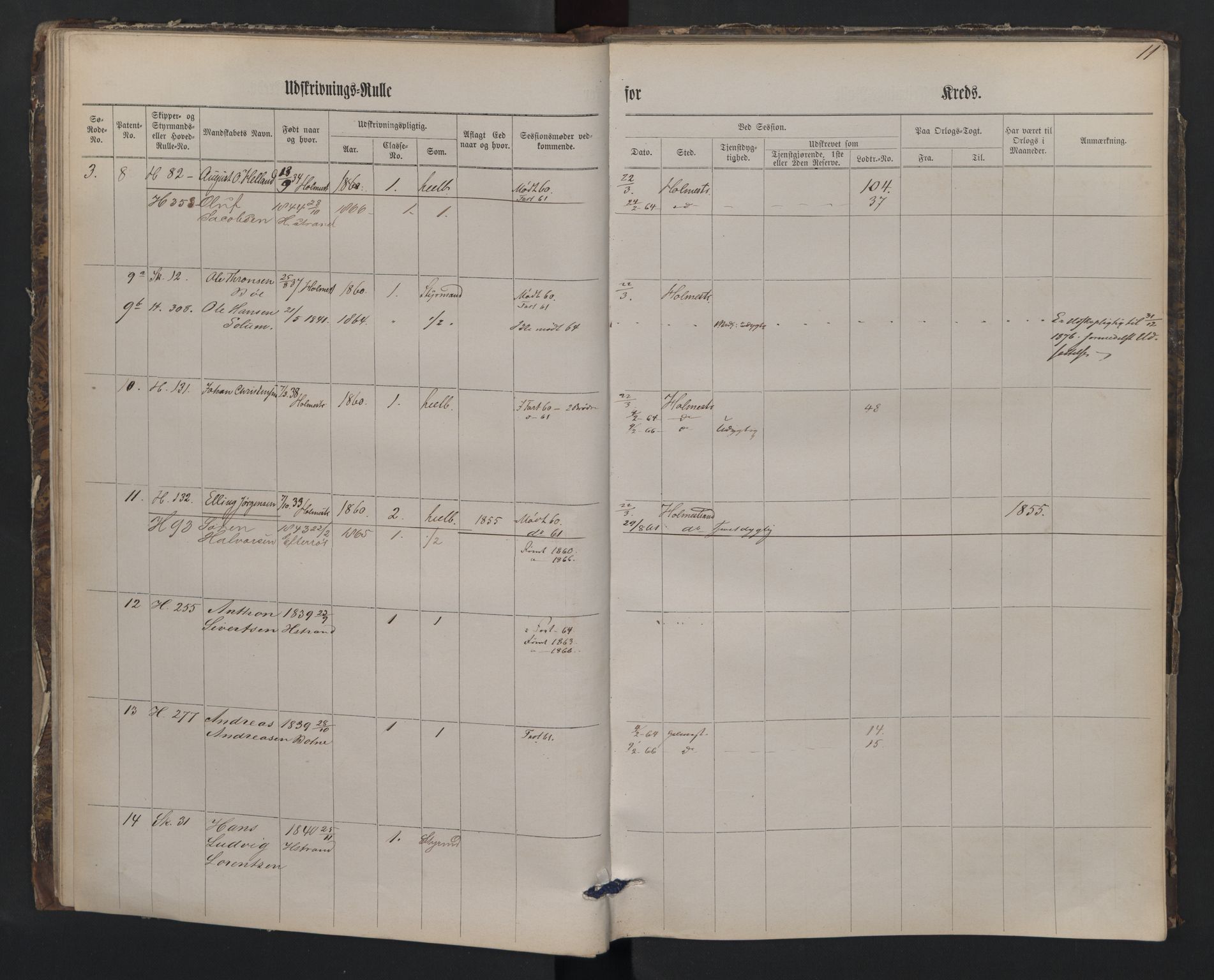 Holmestrand innrulleringskontor, AV/SAKO-A-1151/G/Gb/L0001: Utskrivningsrulle, 1860, p. 11