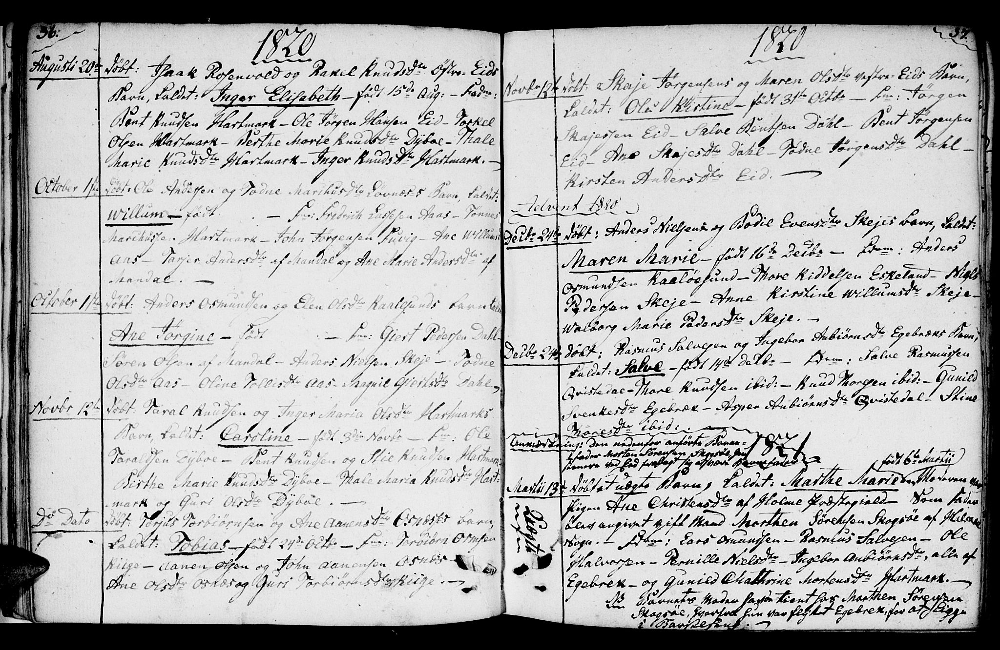 Mandal sokneprestkontor, AV/SAK-1111-0030/F/Fb/Fbb/L0001: Parish register (copy) no. B 1, 1802-1846, p. 36-37