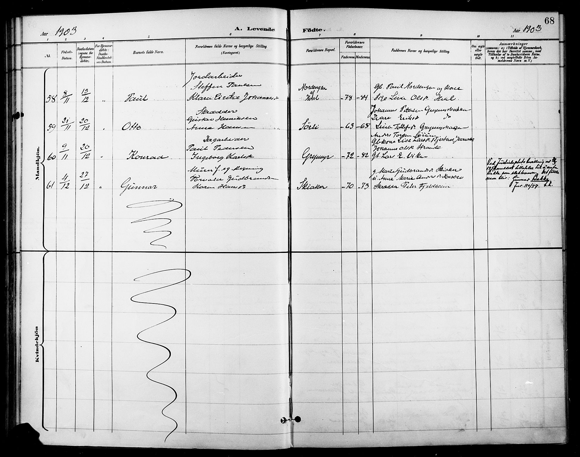 Gran prestekontor, SAH/PREST-112/H/Ha/Haa/L0019: Parish register (official) no. 19, 1898-1907, p. 68