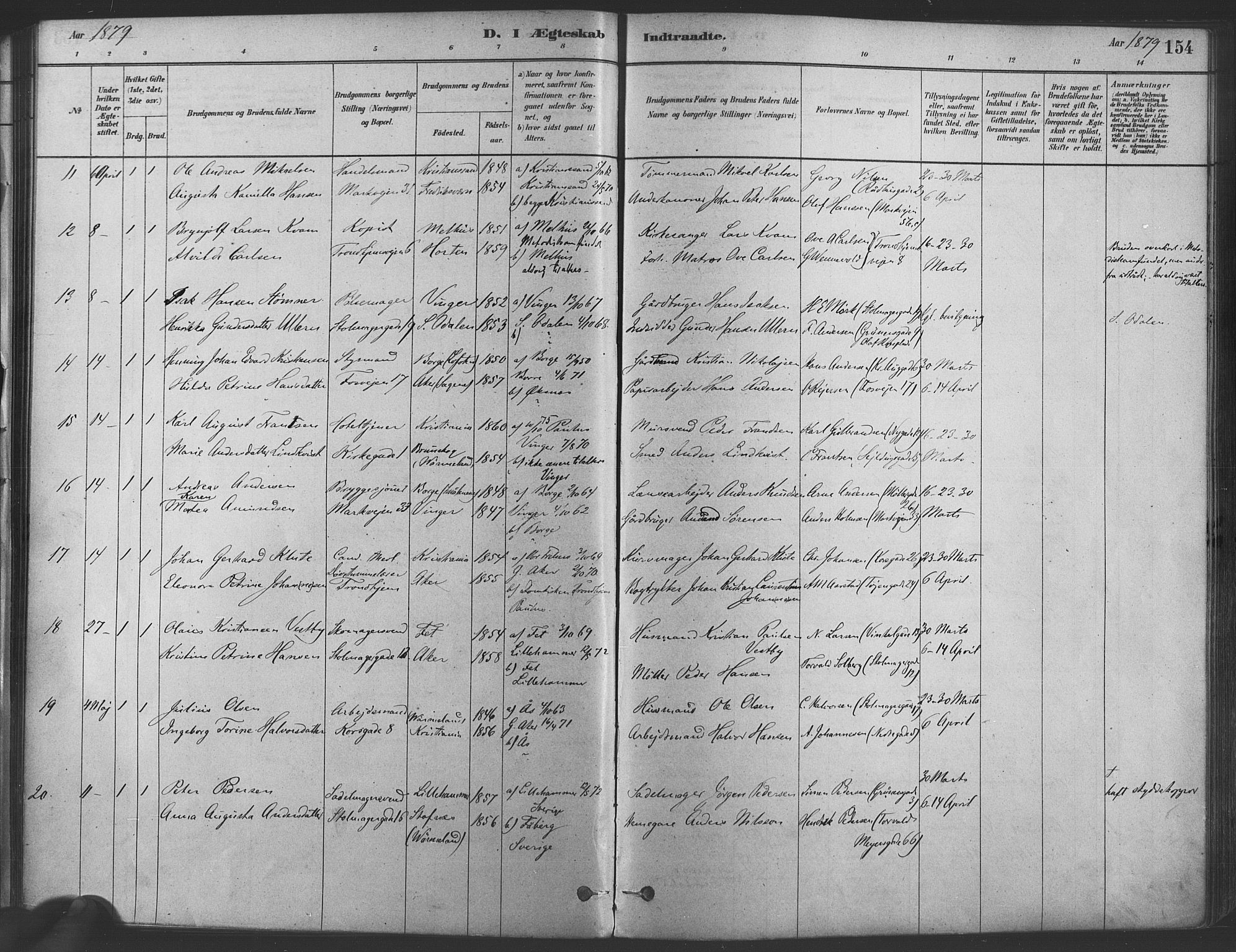 Paulus prestekontor Kirkebøker, AV/SAO-A-10871/F/Fa/L0004: Parish register (official) no. 4, 1879-1891, p. 154