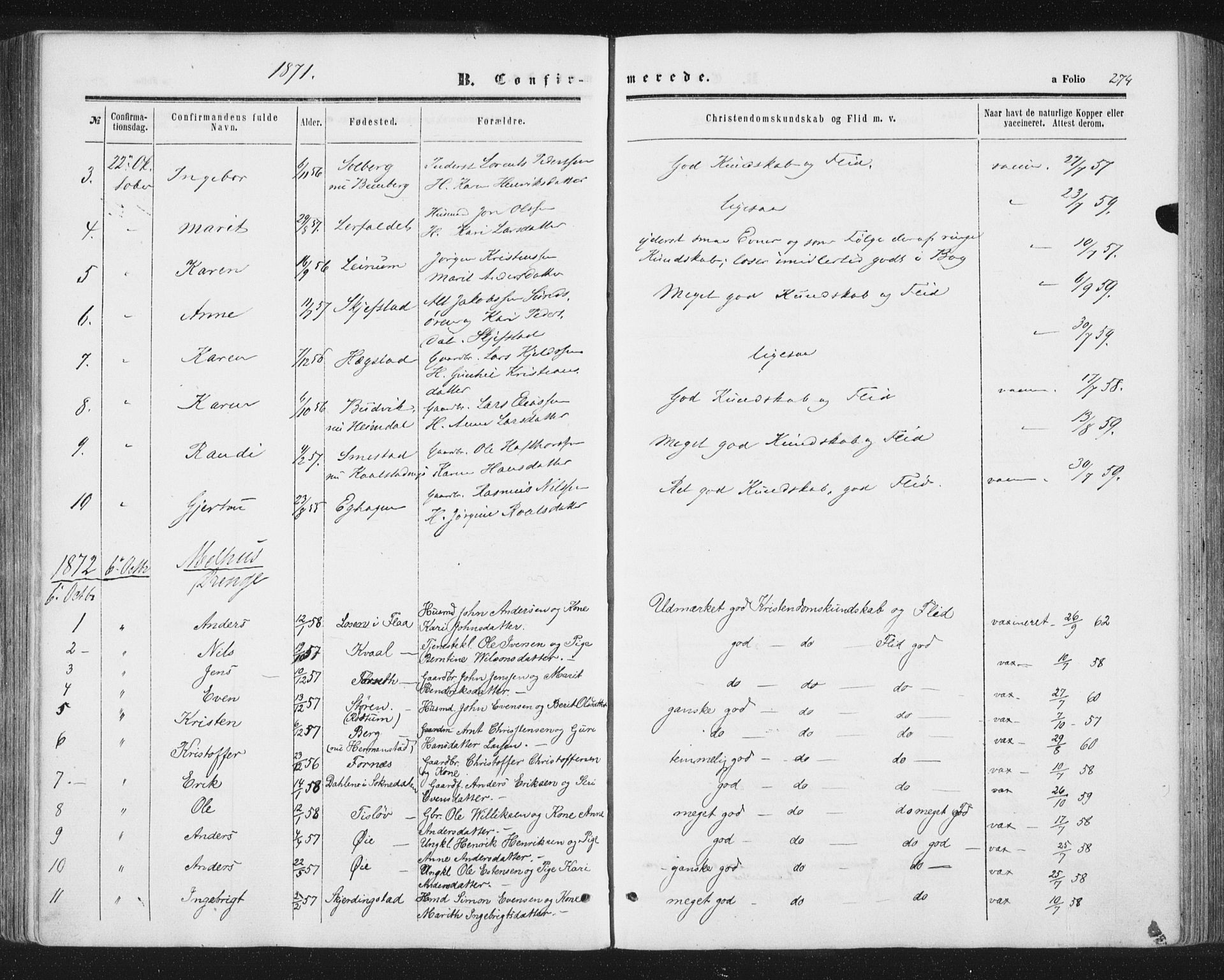 Ministerialprotokoller, klokkerbøker og fødselsregistre - Sør-Trøndelag, AV/SAT-A-1456/691/L1077: Parish register (official) no. 691A09, 1862-1873, p. 274