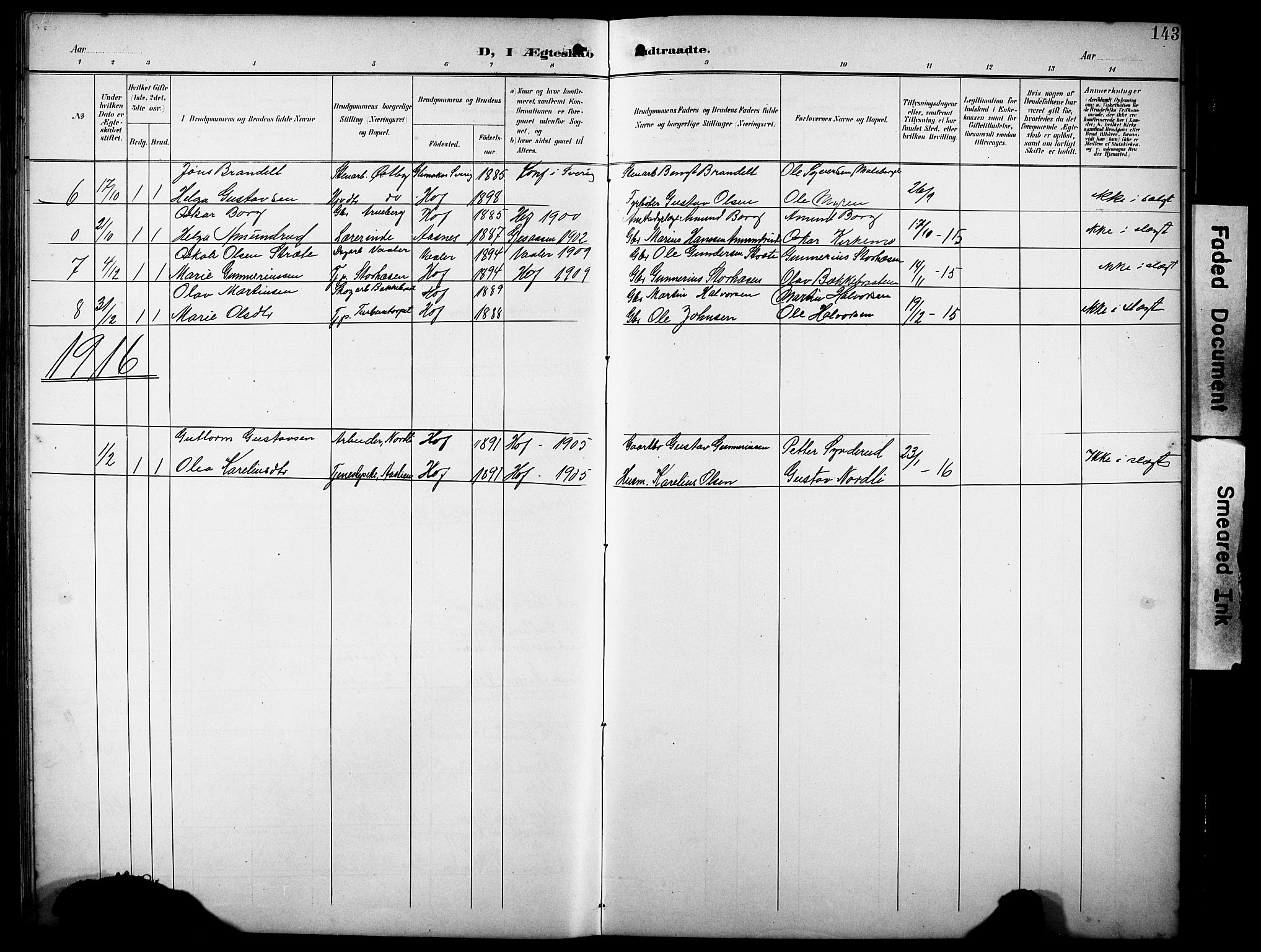 Hof prestekontor, SAH/PREST-038/H/Ha/Hab/L0005: Parish register (copy) no. 5, 1899-1916, p. 143