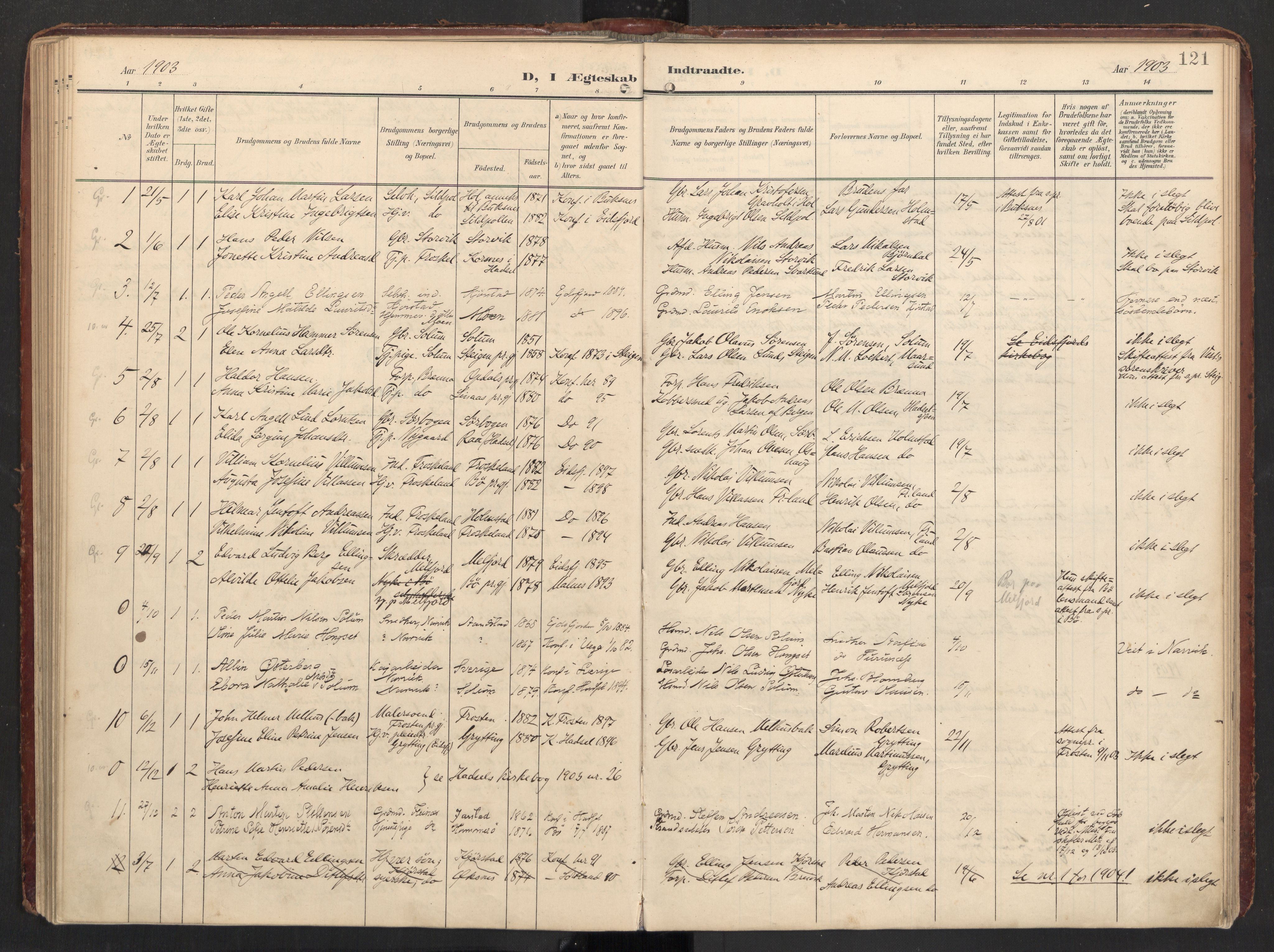 Ministerialprotokoller, klokkerbøker og fødselsregistre - Nordland, SAT/A-1459/890/L1287: Parish register (official) no. 890A02, 1903-1915, p. 121