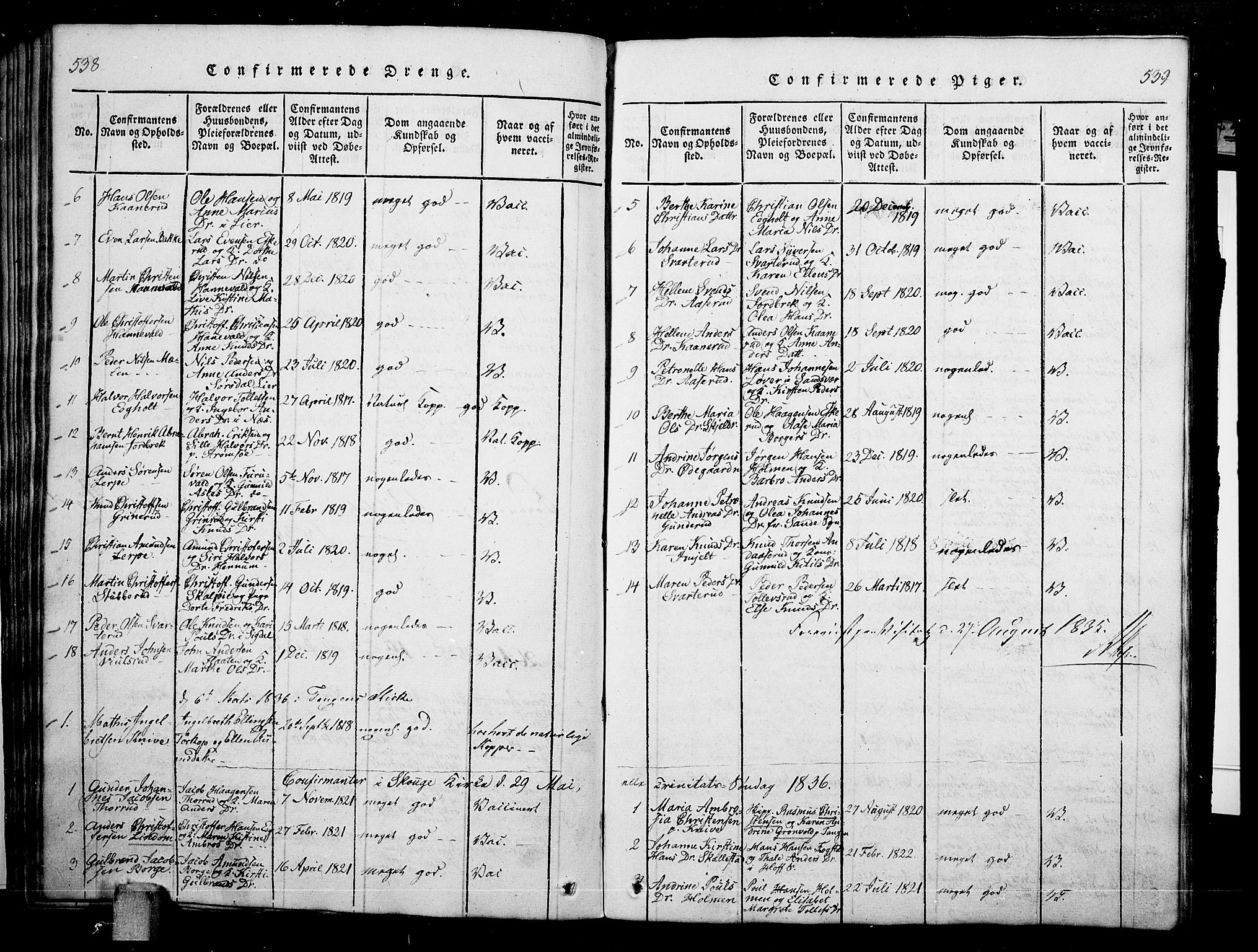 Skoger kirkebøker, SAKO/A-59/G/Ga/L0001: Parish register (copy) no. I 1, 1814-1845, p. 538-539
