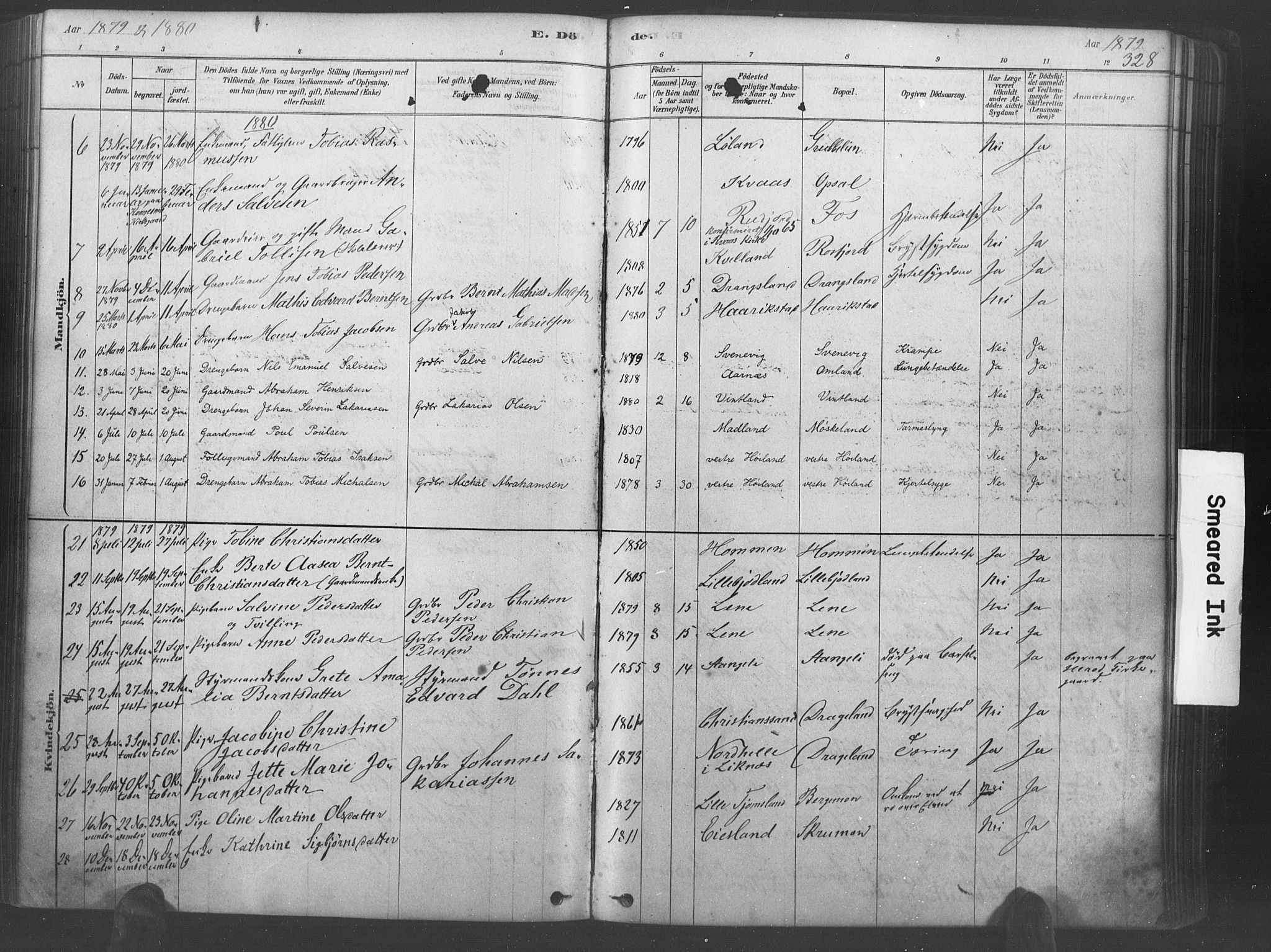 Lyngdal sokneprestkontor, AV/SAK-1111-0029/F/Fa/Fac/L0011: Parish register (official) no. A 11, 1878-1893, p. 328