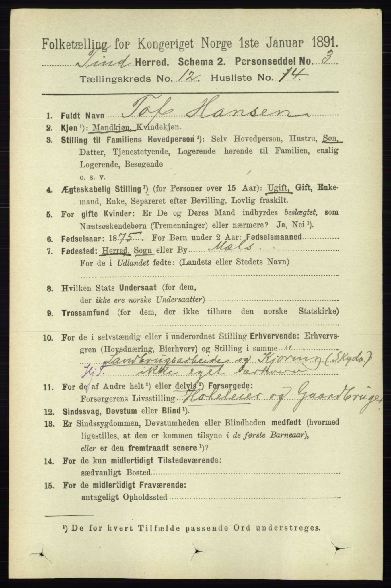 RA, 1891 census for 0826 Tinn, 1891, p. 2383