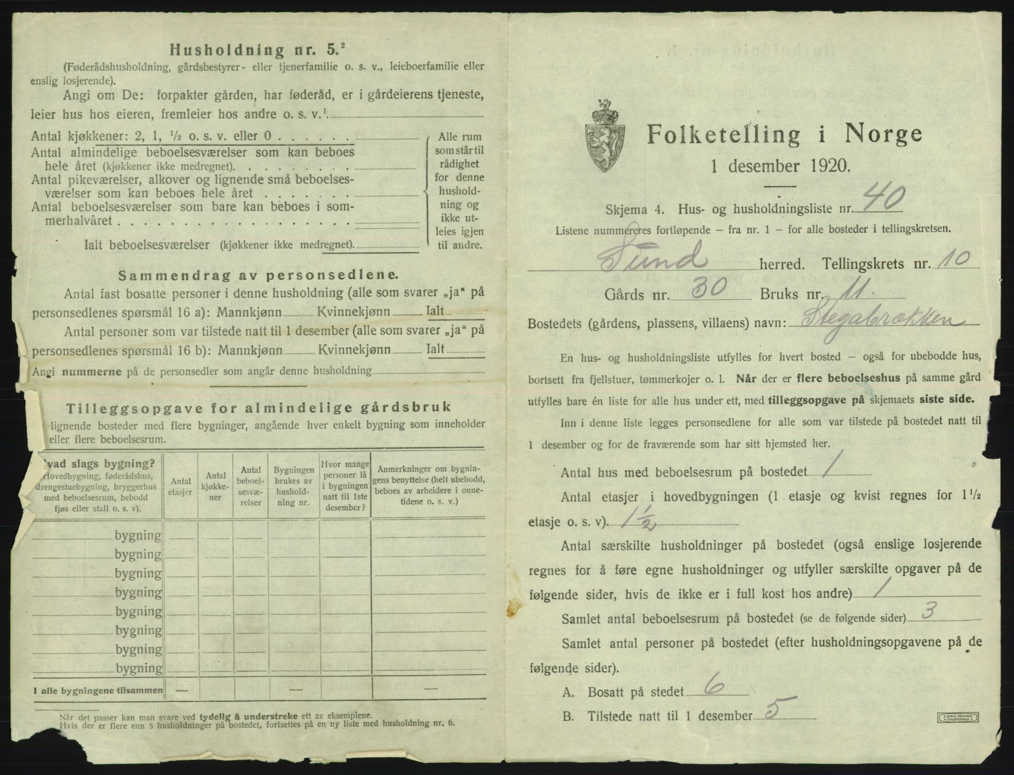 SAB, 1920 census for Sund, 1920, p. 915