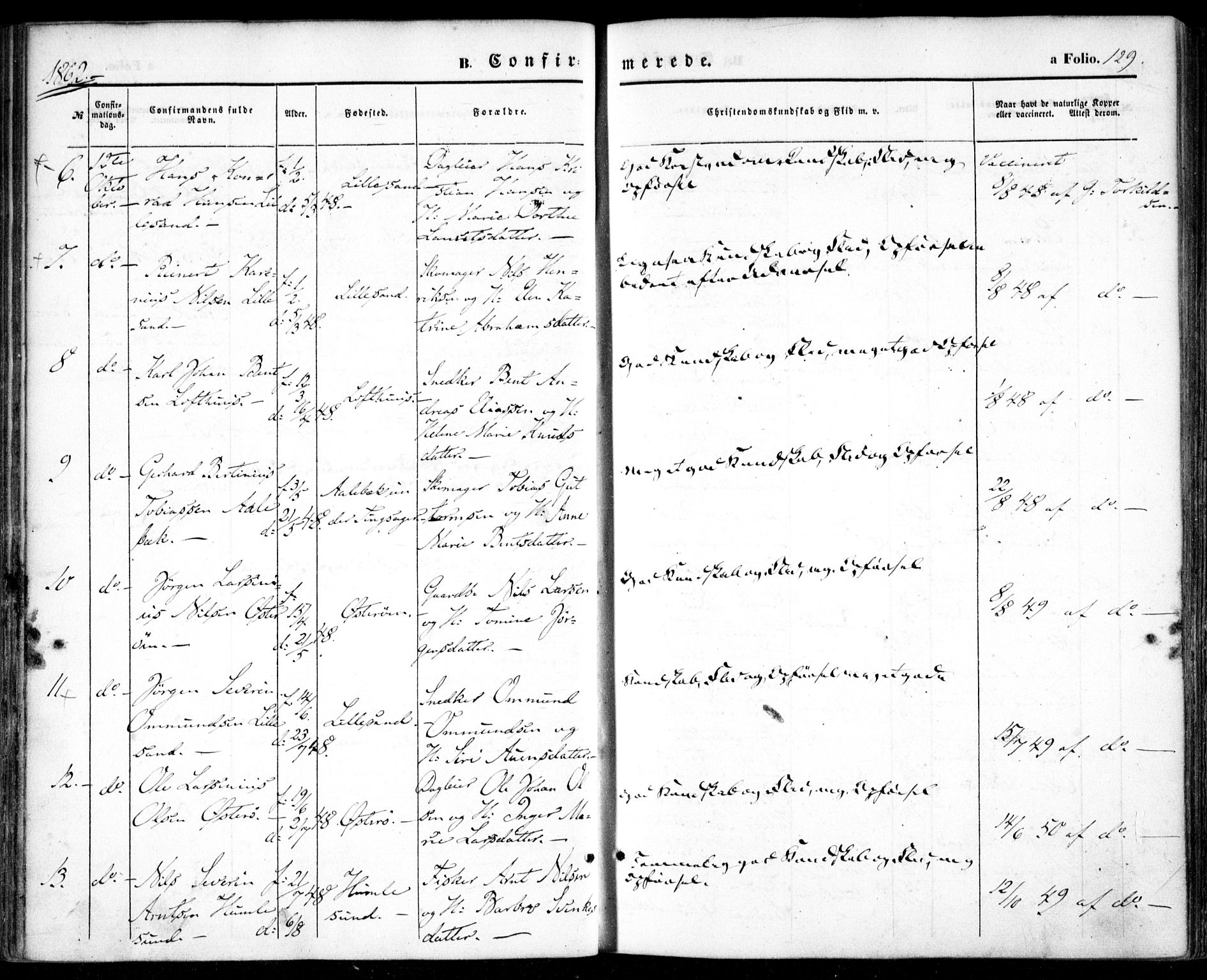 Vestre Moland sokneprestkontor, SAK/1111-0046/F/Fa/Fab/L0007: Parish register (official) no. A 7, 1859-1872, p. 129