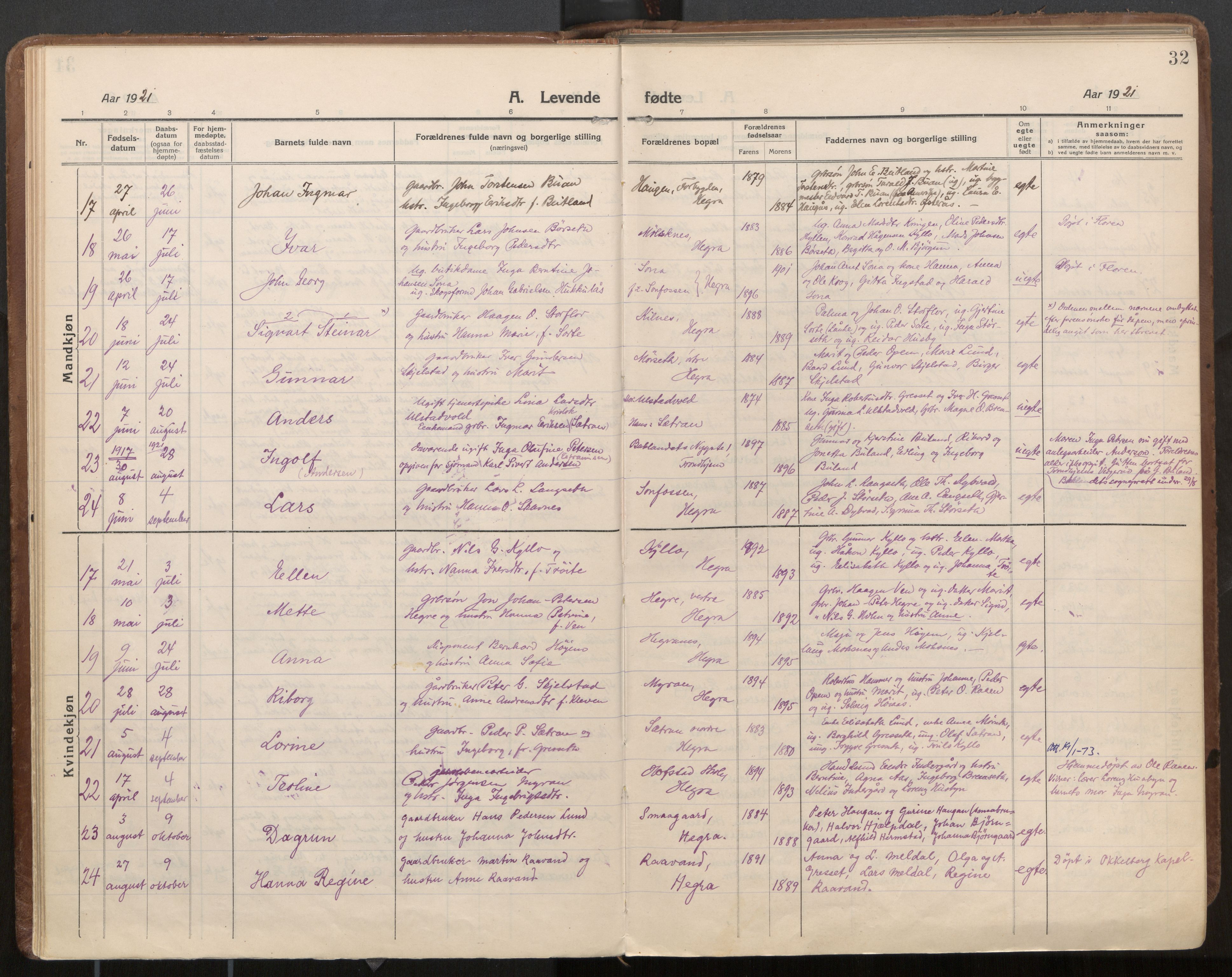 Ministerialprotokoller, klokkerbøker og fødselsregistre - Nord-Trøndelag, AV/SAT-A-1458/703/L0037: Parish register (official) no. 703A10, 1915-1932, p. 32