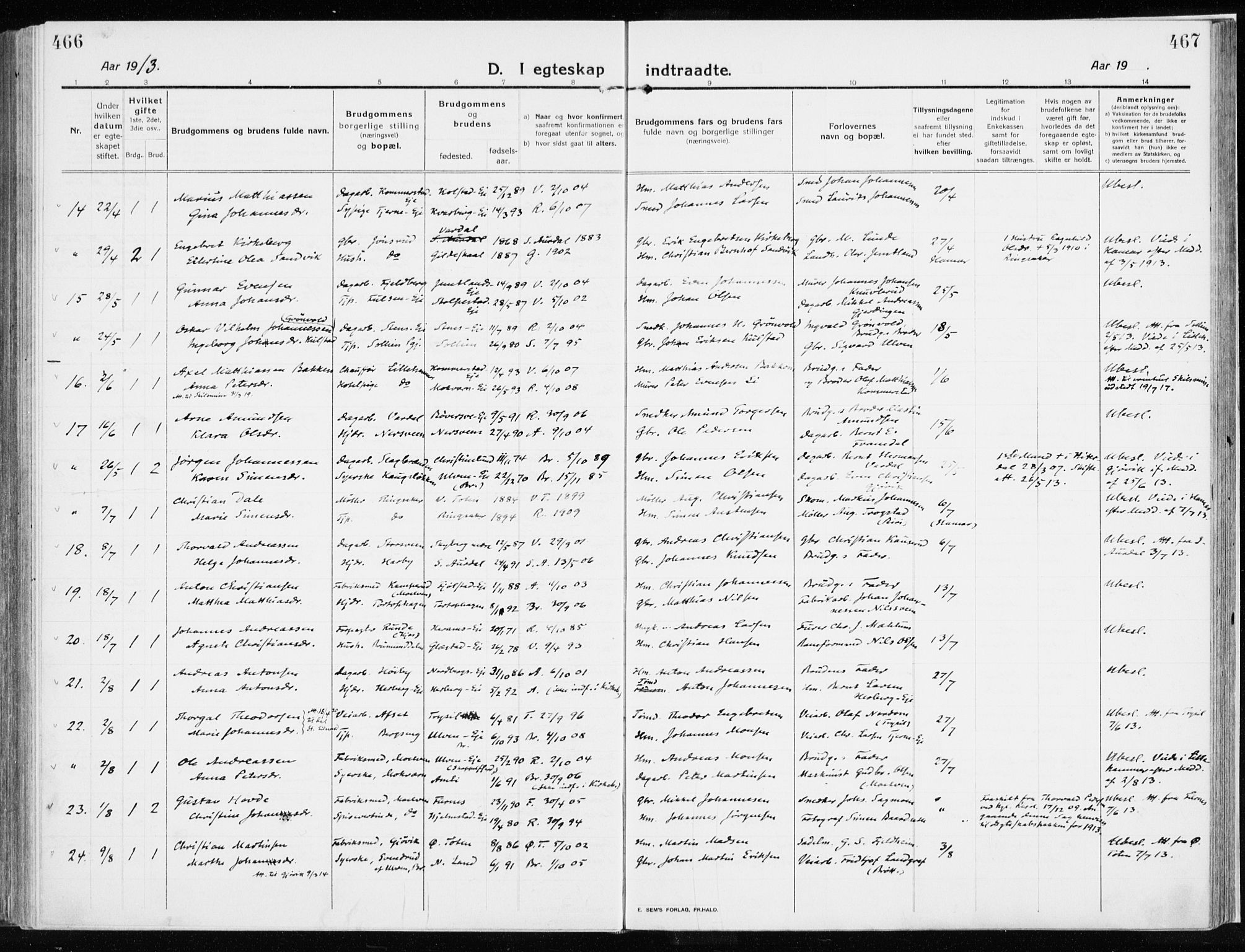 Ringsaker prestekontor, AV/SAH-PREST-014/K/Ka/L0020: Parish register (official) no. 20, 1913-1922, p. 466-467