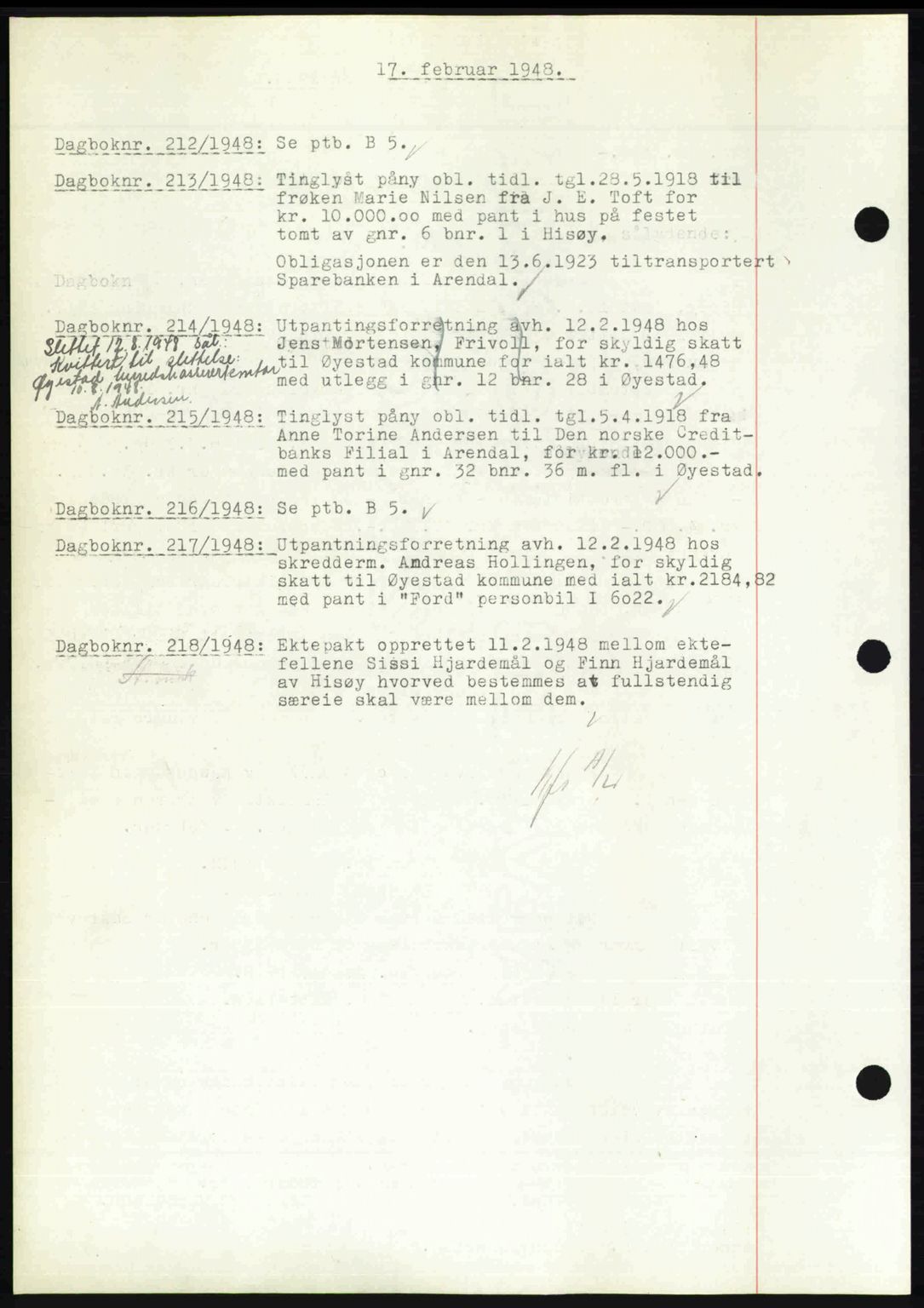 Nedenes sorenskriveri, SAK/1221-0006/G/Gb/Gba/L0058: Mortgage book no. A10, 1947-1948, Diary no: : 212/1948