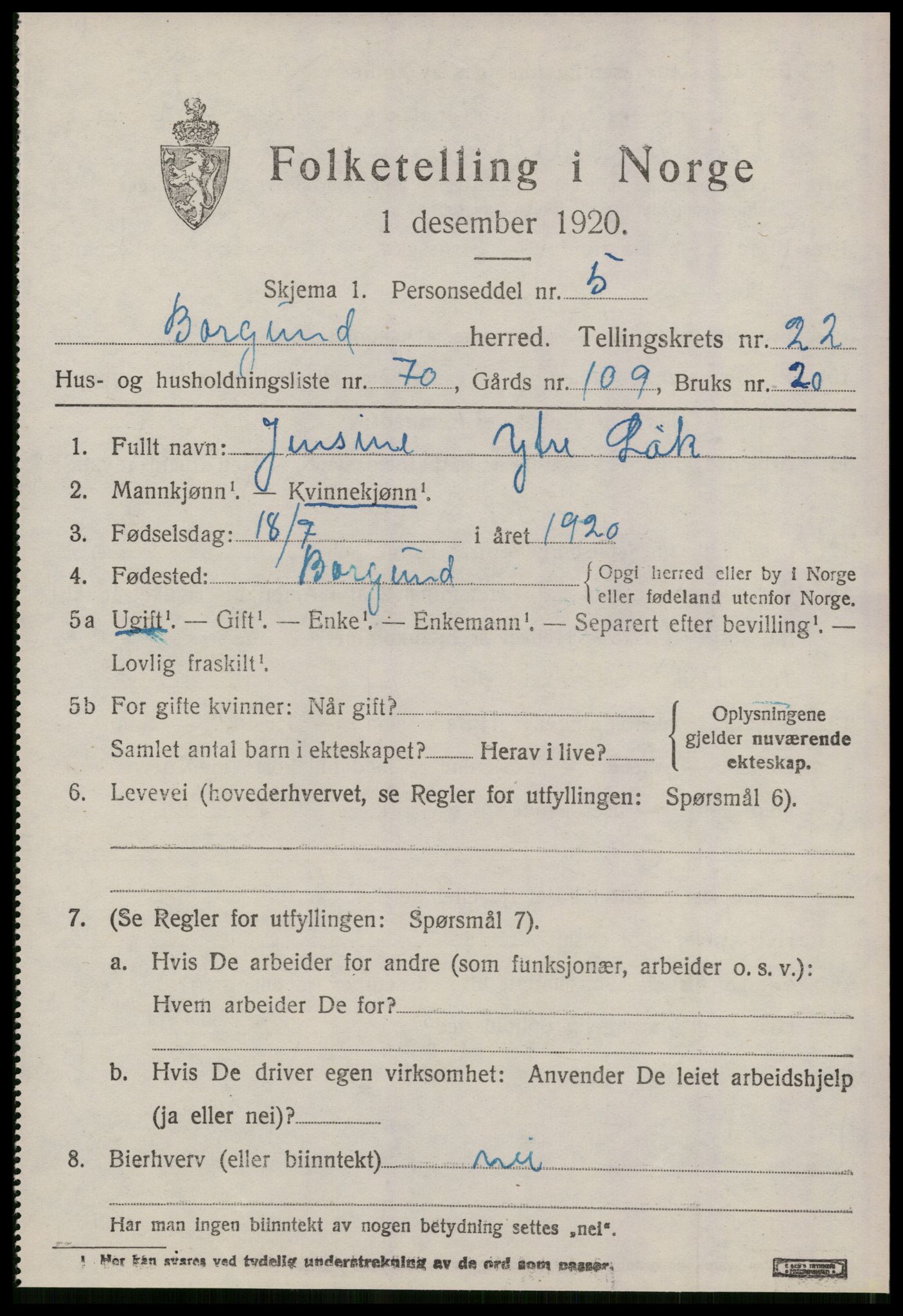 SAT, 1920 census for Borgund, 1920, p. 16322