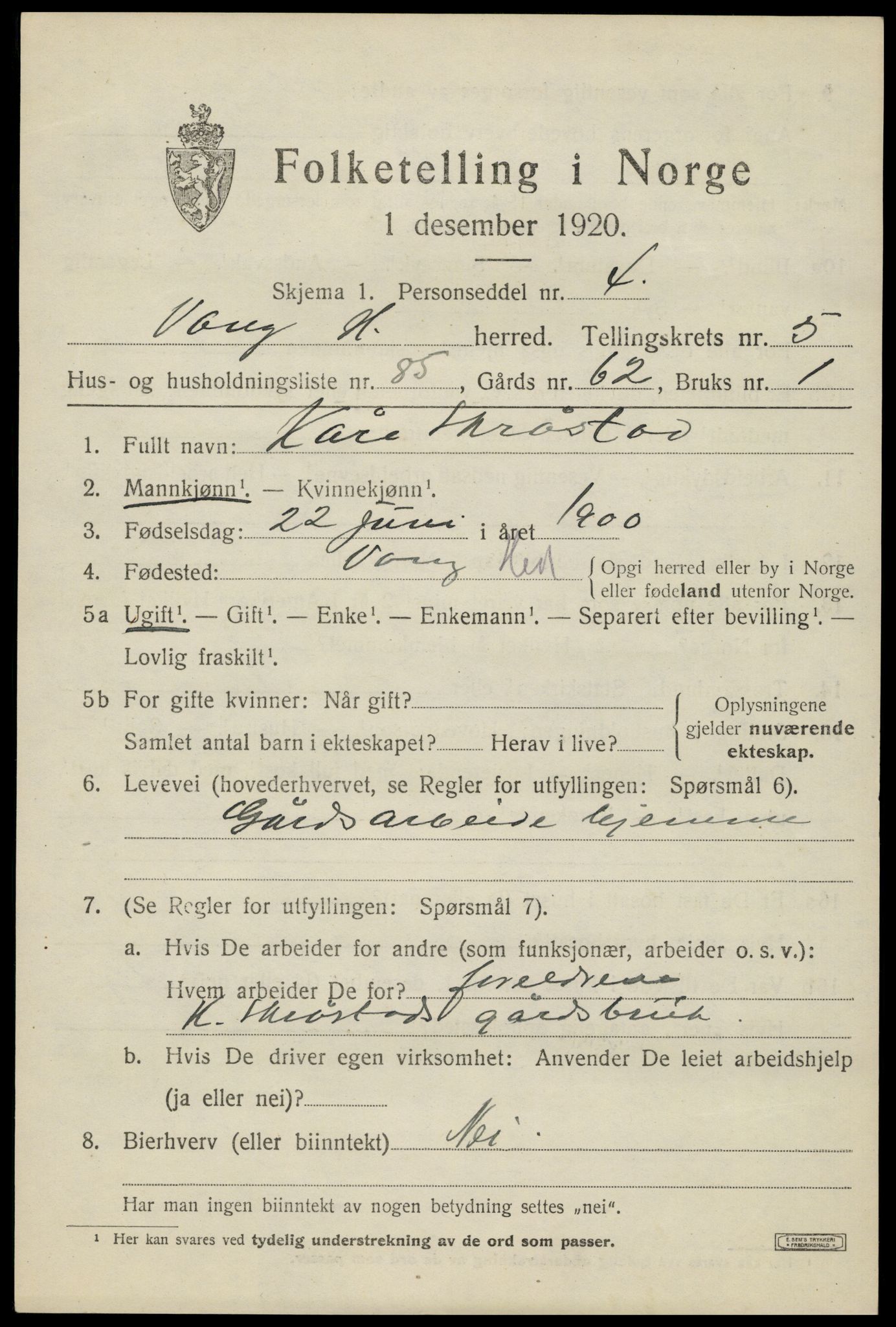 SAH, 1920 census for Vang (Hedmark), 1920, p. 14729