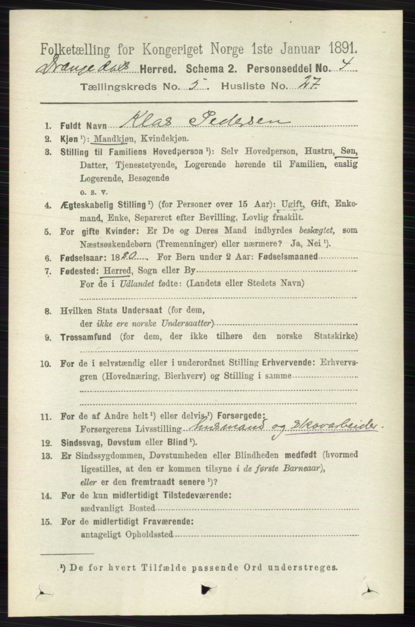 RA, 1891 census for 0817 Drangedal, 1891, p. 1844