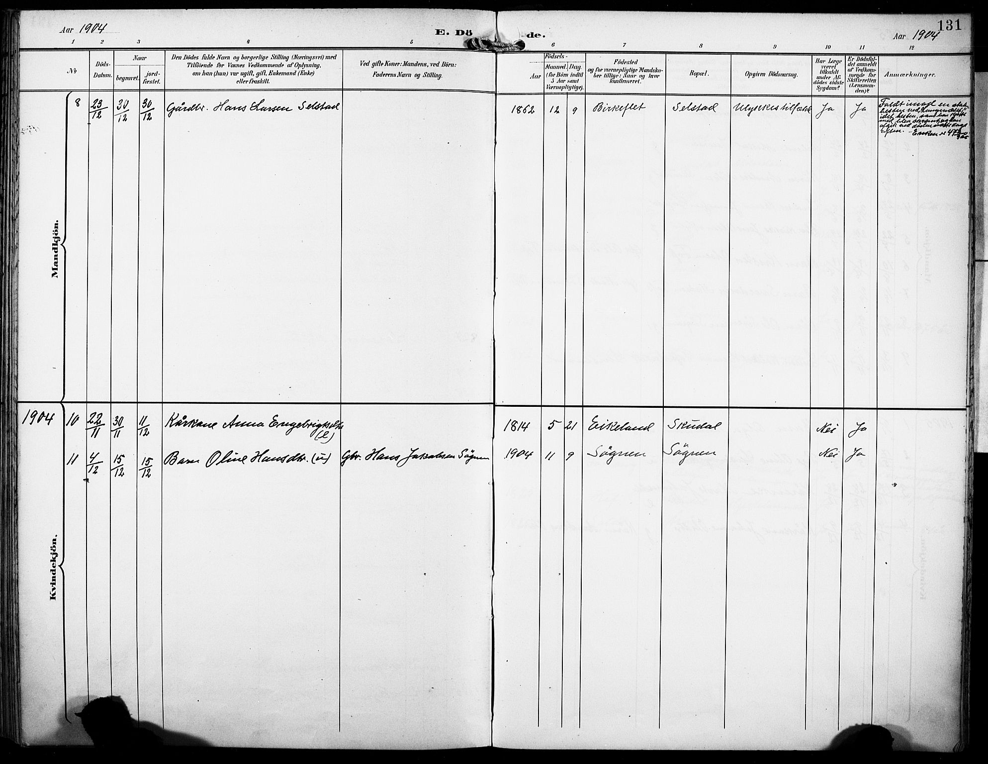 Gaular sokneprestembete, AV/SAB-A-80001/H/Haa: Parish register (official) no. B 2, 1898-1911, p. 131